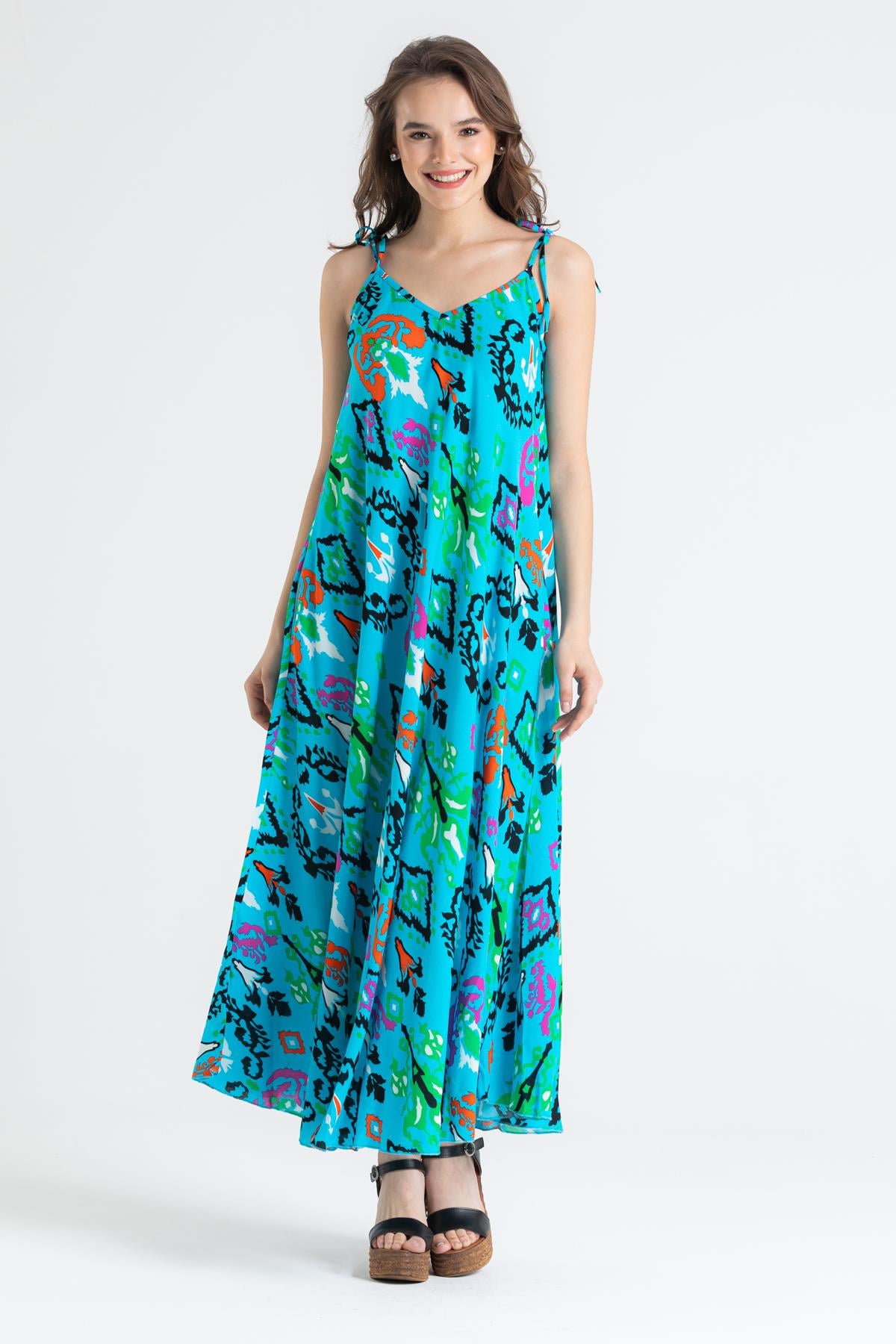 Toptan Askılı Viskon Suzan Uzun Elbise Etnik Turkuaz