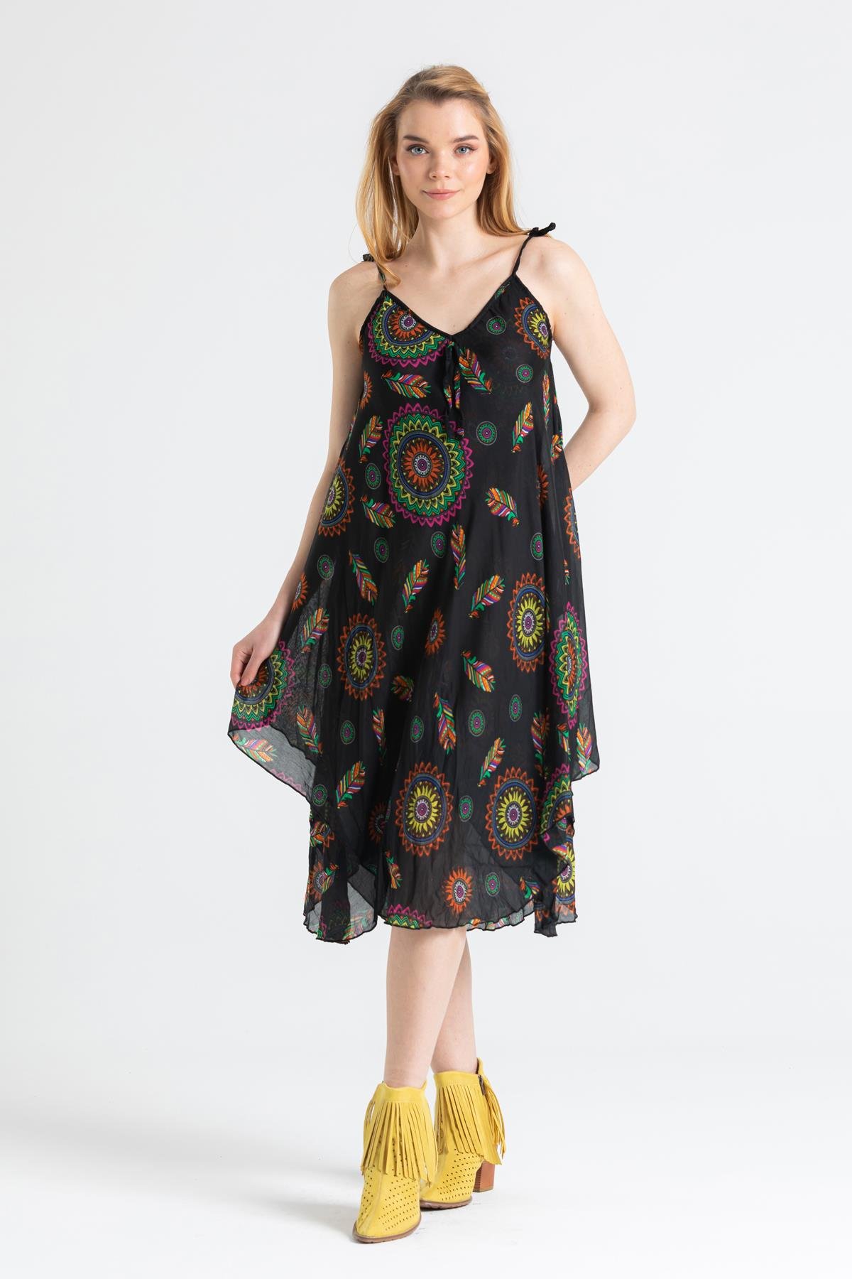 Toptan Askılı Vual Afrodit Kısa Elbise Siyah 6198