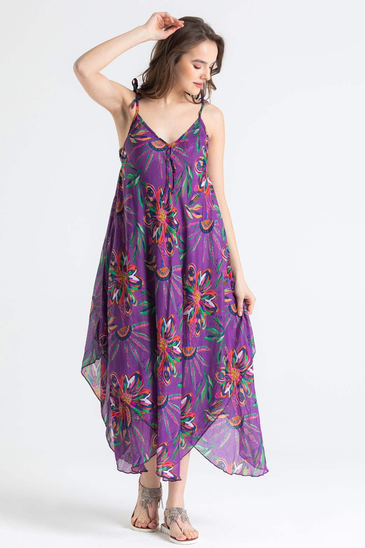 Toptan Askılı Vual Afrodit Midi Boy Elbise Mor 6194