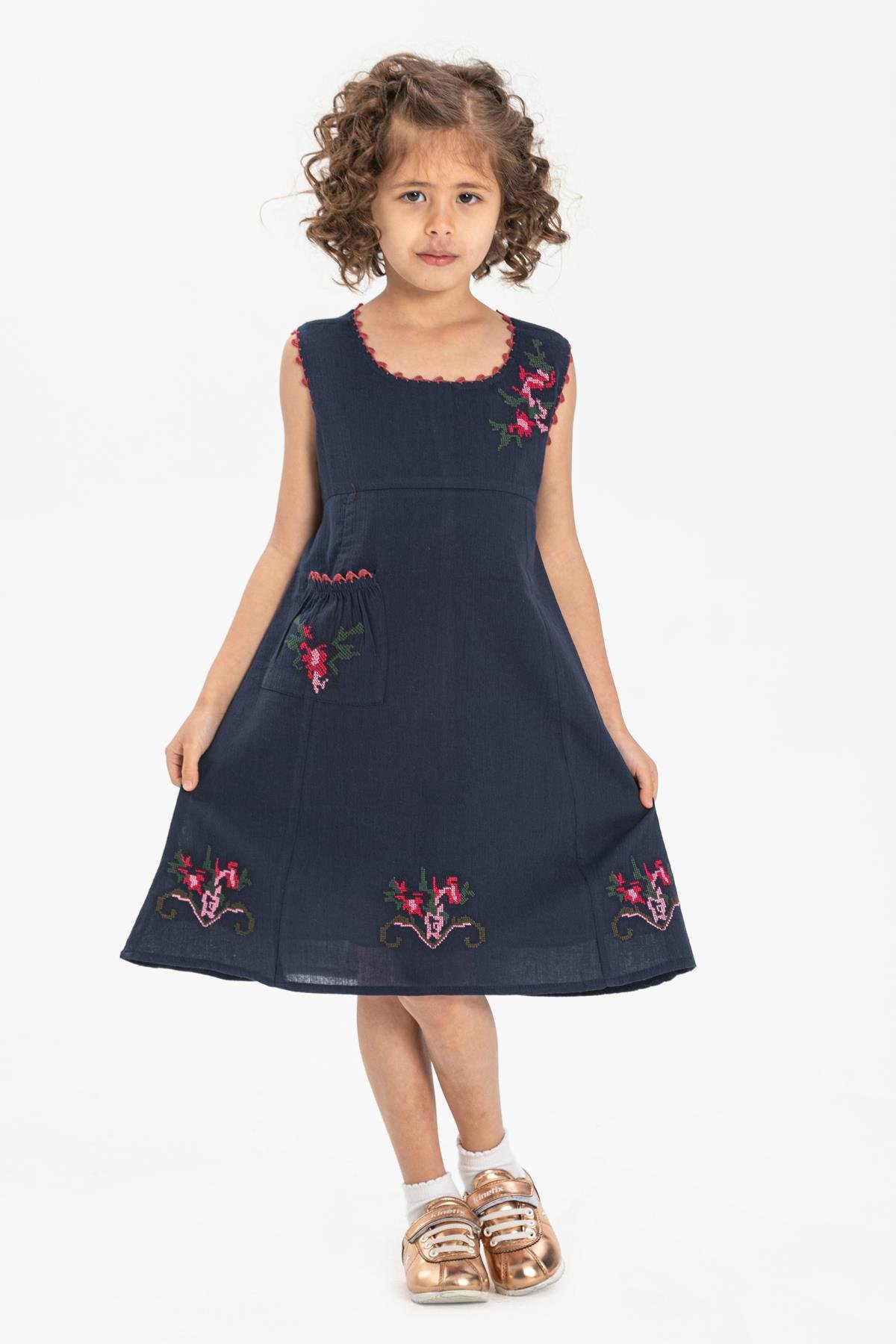 Toptan Burçak Şile Bezi Çocuk Elbise Lacivert