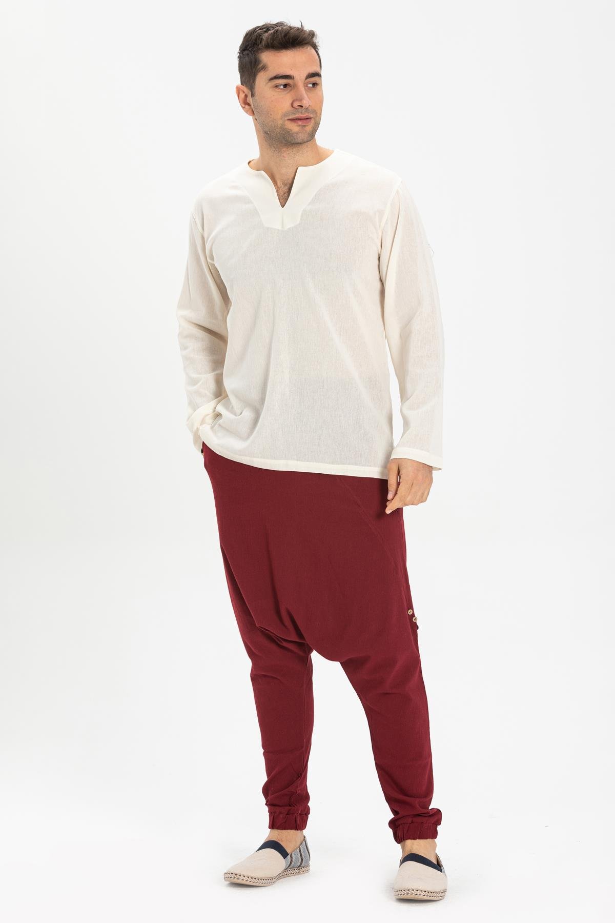 Toptan Büyük Beden Uzun Kol Bisiklet Yaka Şile Bezi Erkek Tshirt Krem