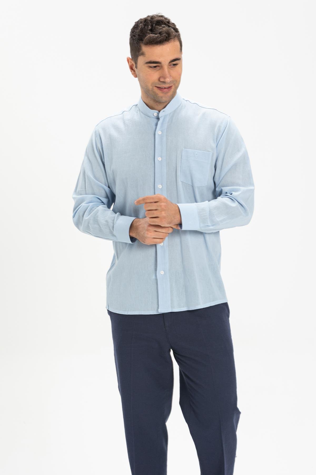 Toptan Büyük Beden Uzun Kol Şile Bezi Hakim Yaka Erkek Gömlek Buz Mavi