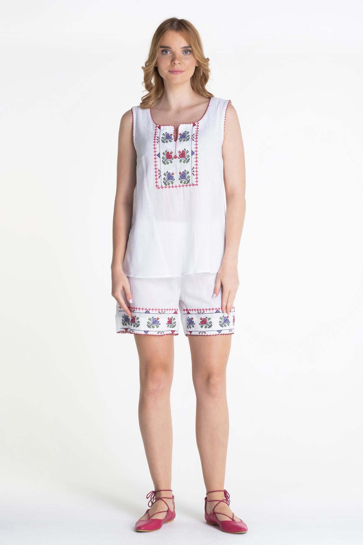 Toptan İşlemeli Şile Bezi Atlet Şort Takım Beyaz