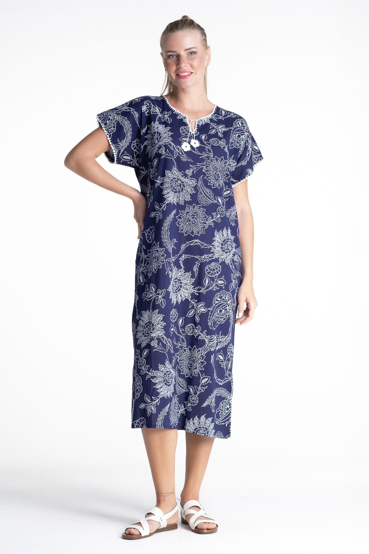 Toptan Kısa Kol Baskılı Şile Bezi Elbise Çınar Desen Mor