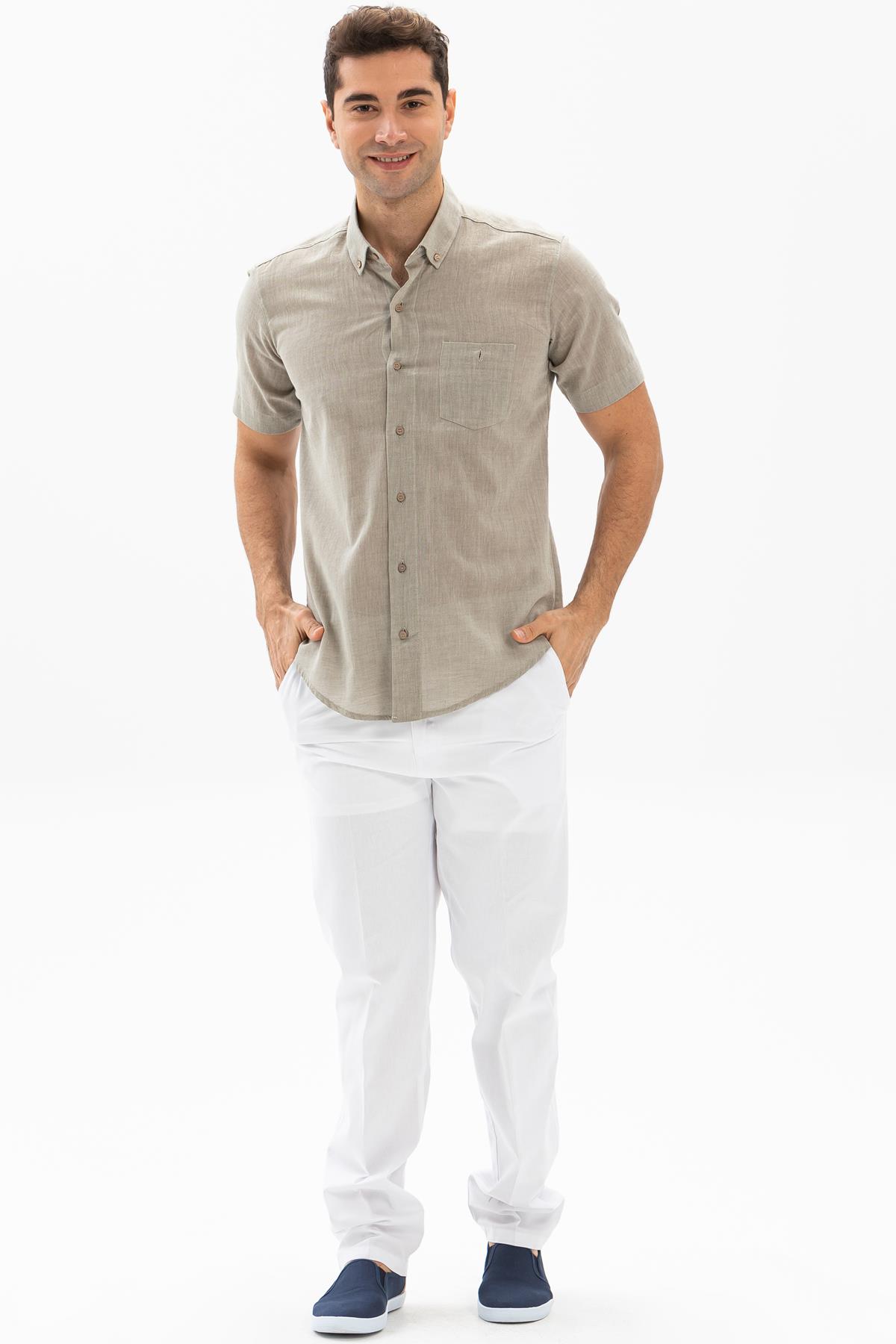 Toptan Kısa Kol Dar Kalıp Şile Bezi Erkek Gömlek Taş