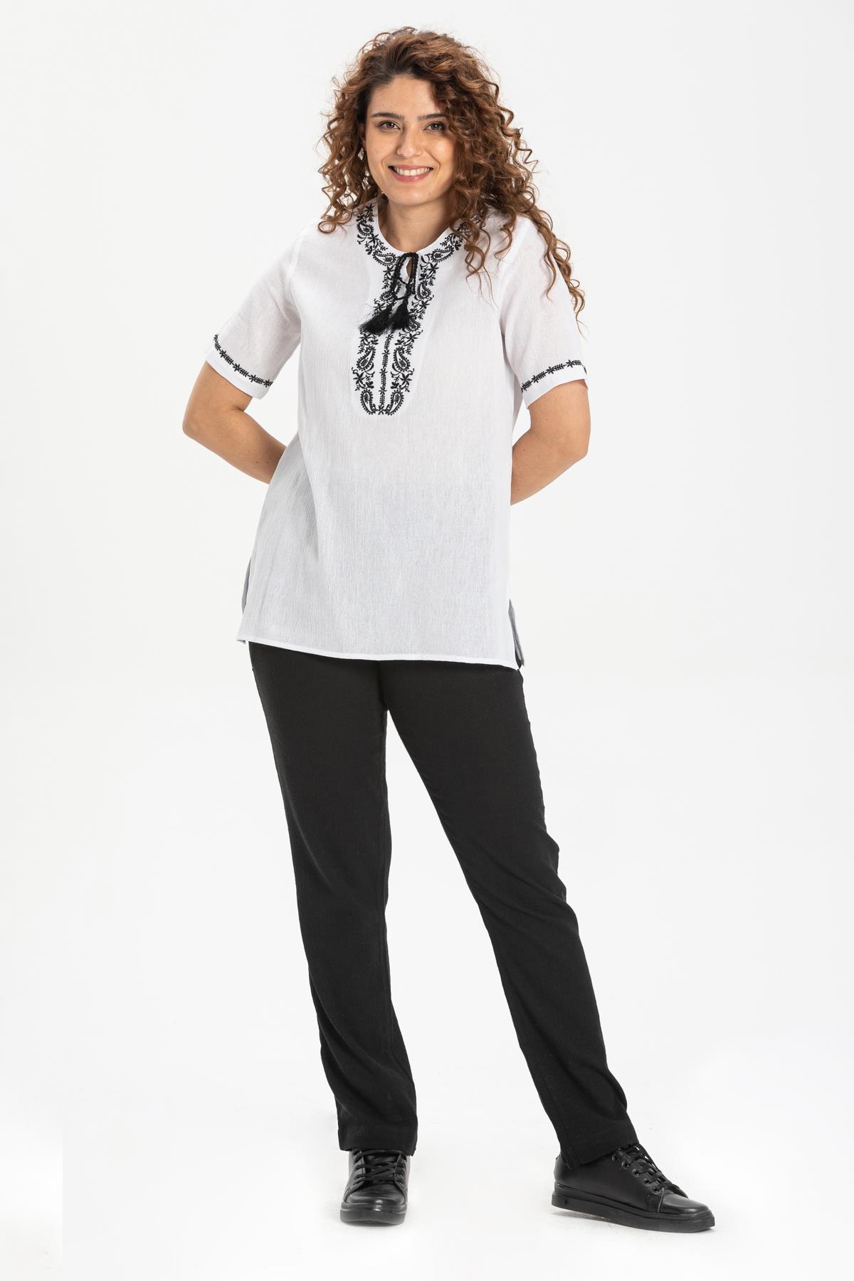 Toptan Kısa Kol Feride Şile Bezi Bluz Beyaz