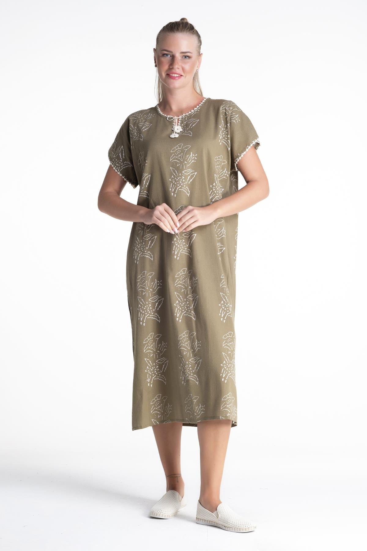 Toptan Kısa Kol Şile Bezi Baskılı Elbise Zambak Desen Haki