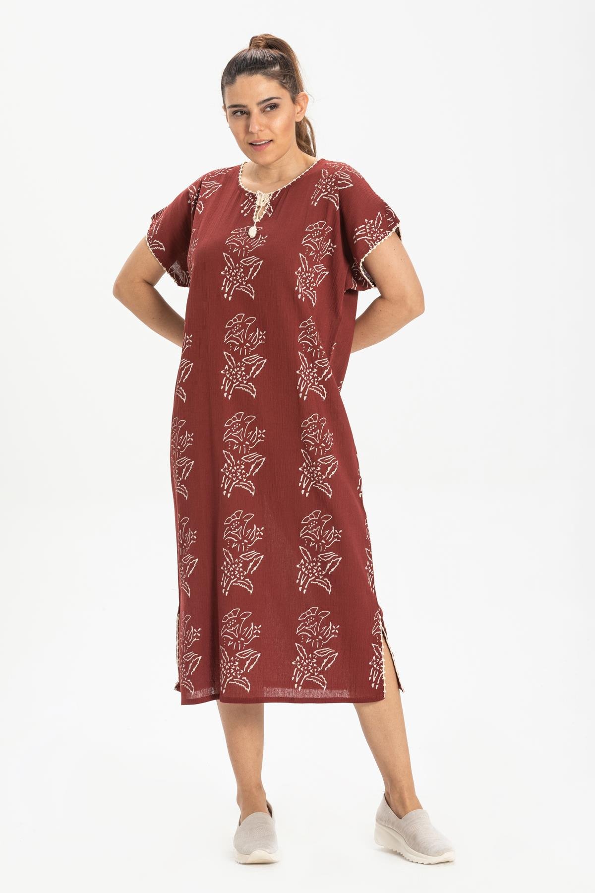 Toptan Kısa Kol Şile Bezi Baskılı Elbise Zambak Desen Bordo