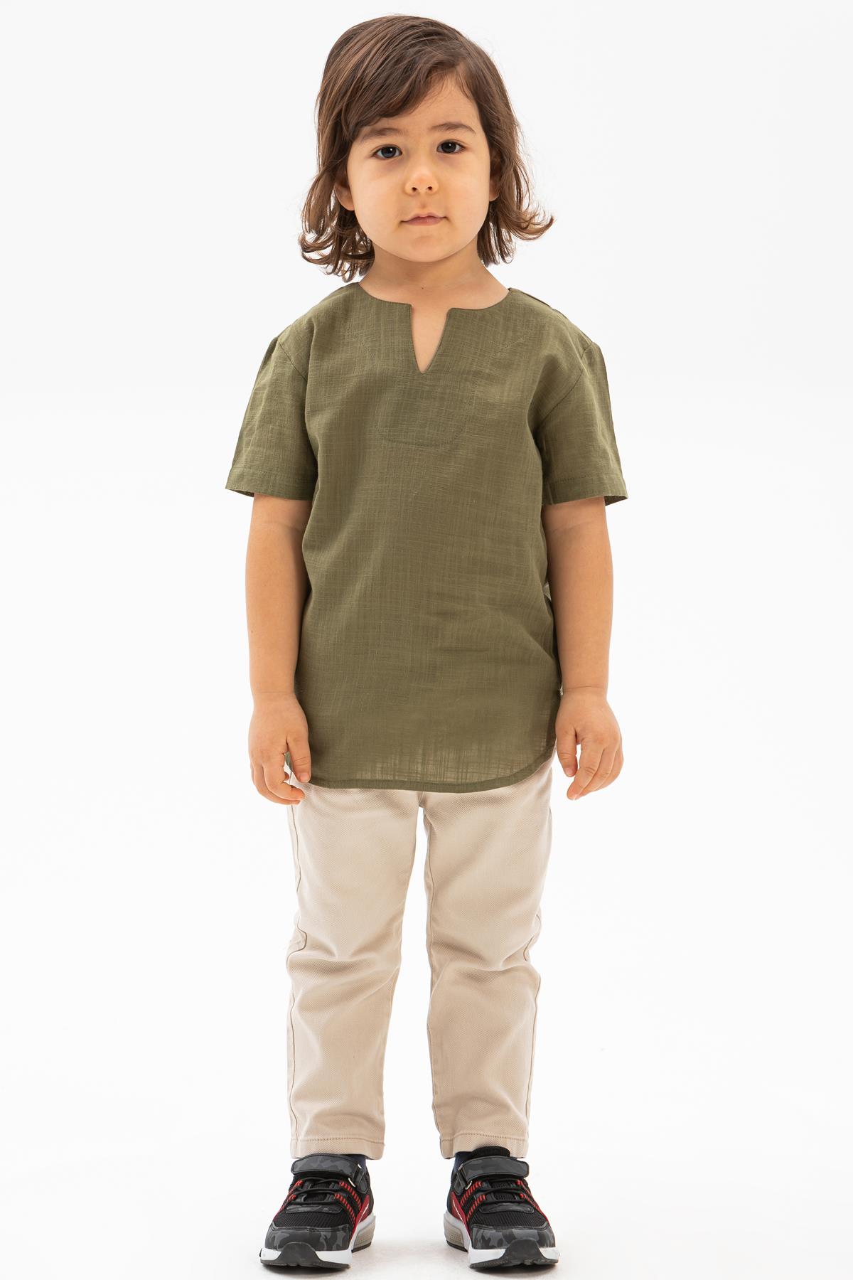 Toptan Kısa Kol Şile Bezi Bisiklet Yaka Erkek Çocuk Tshirt Haki