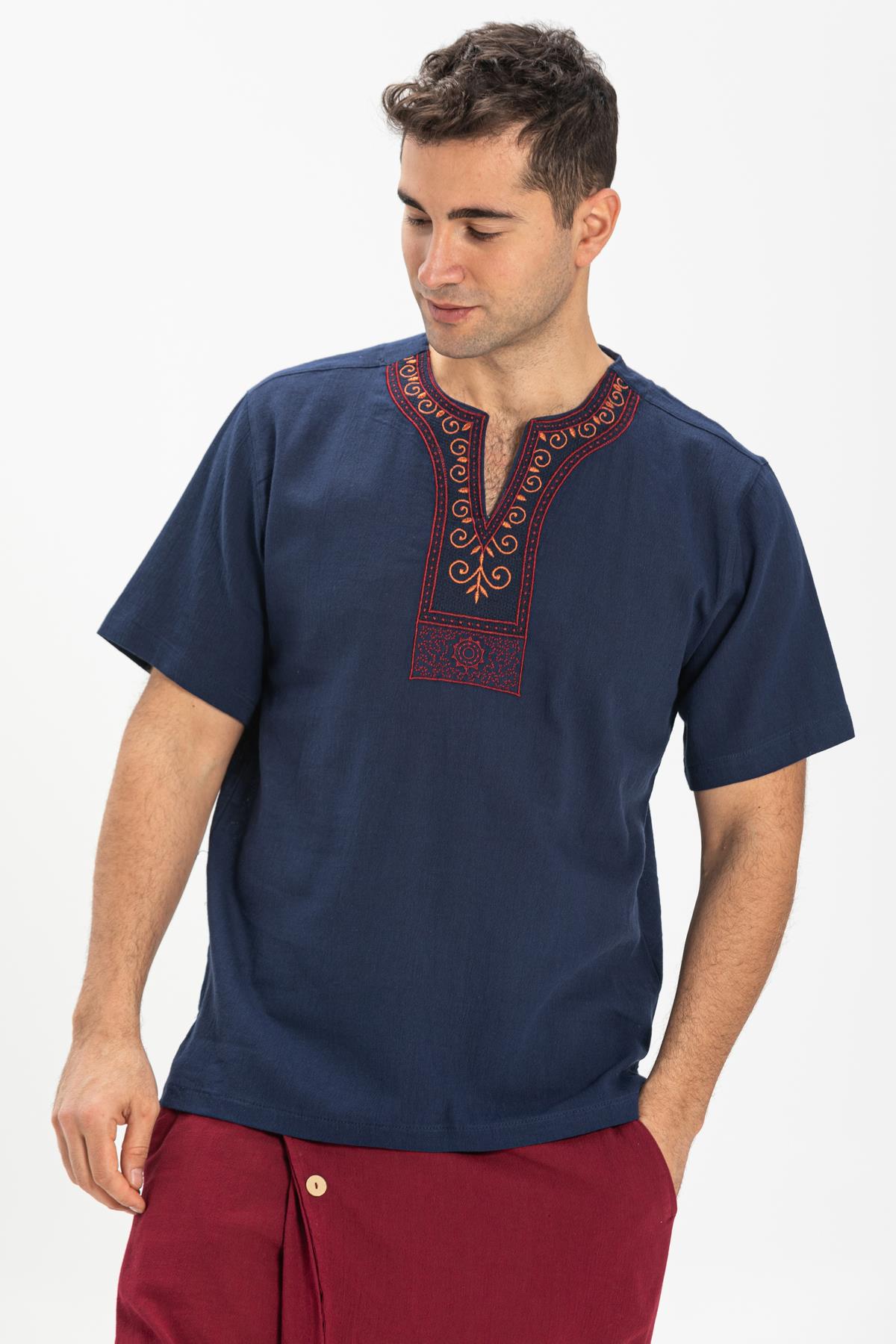 Toptan Kısa Kol Şile Bezi Bisiklet Yaka Etnik Erkek T-Shirt Lacivert