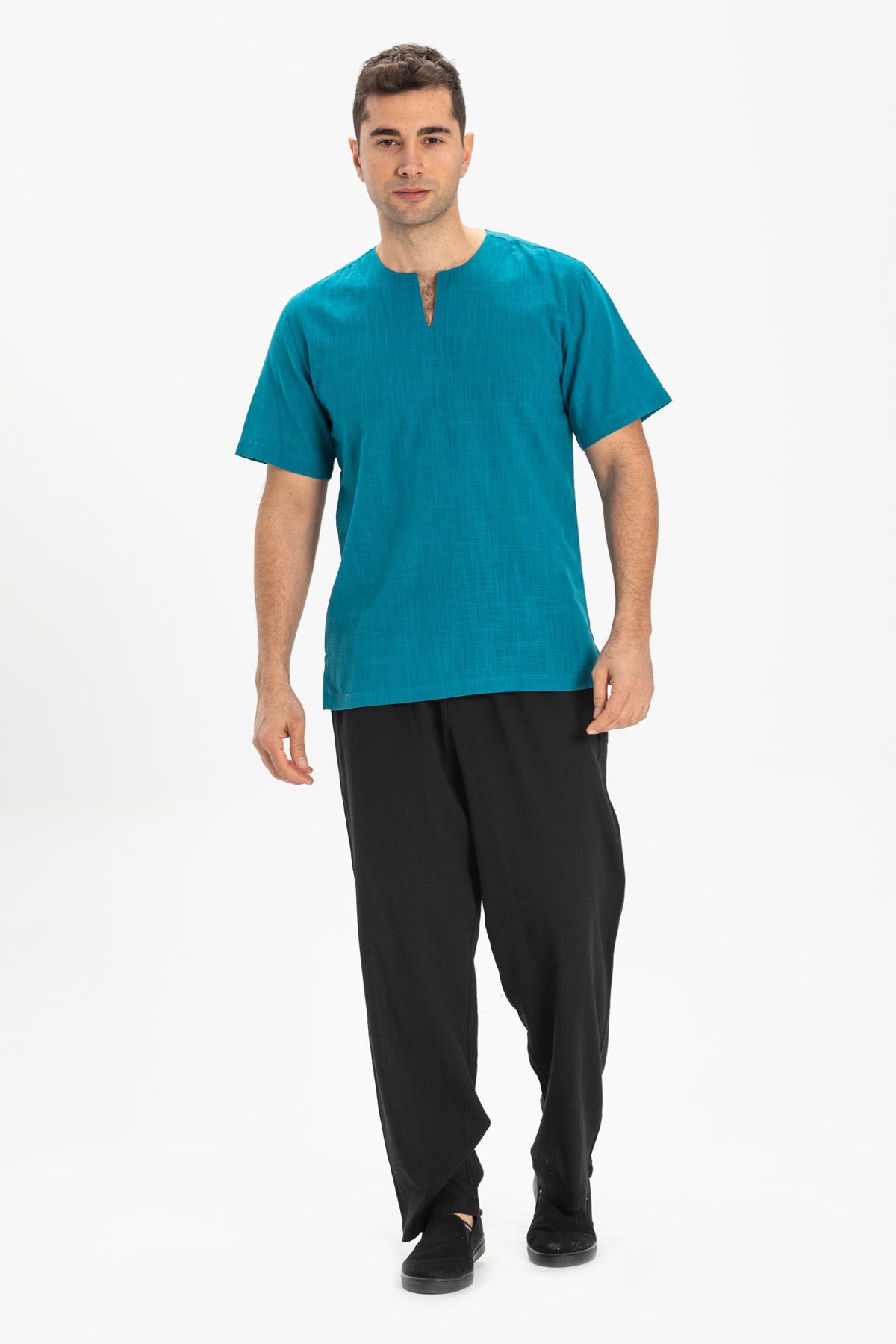 Toptan Kısa Kol Şile Bezi Bisiklet Yaka Erkek T-Shirt Petrol