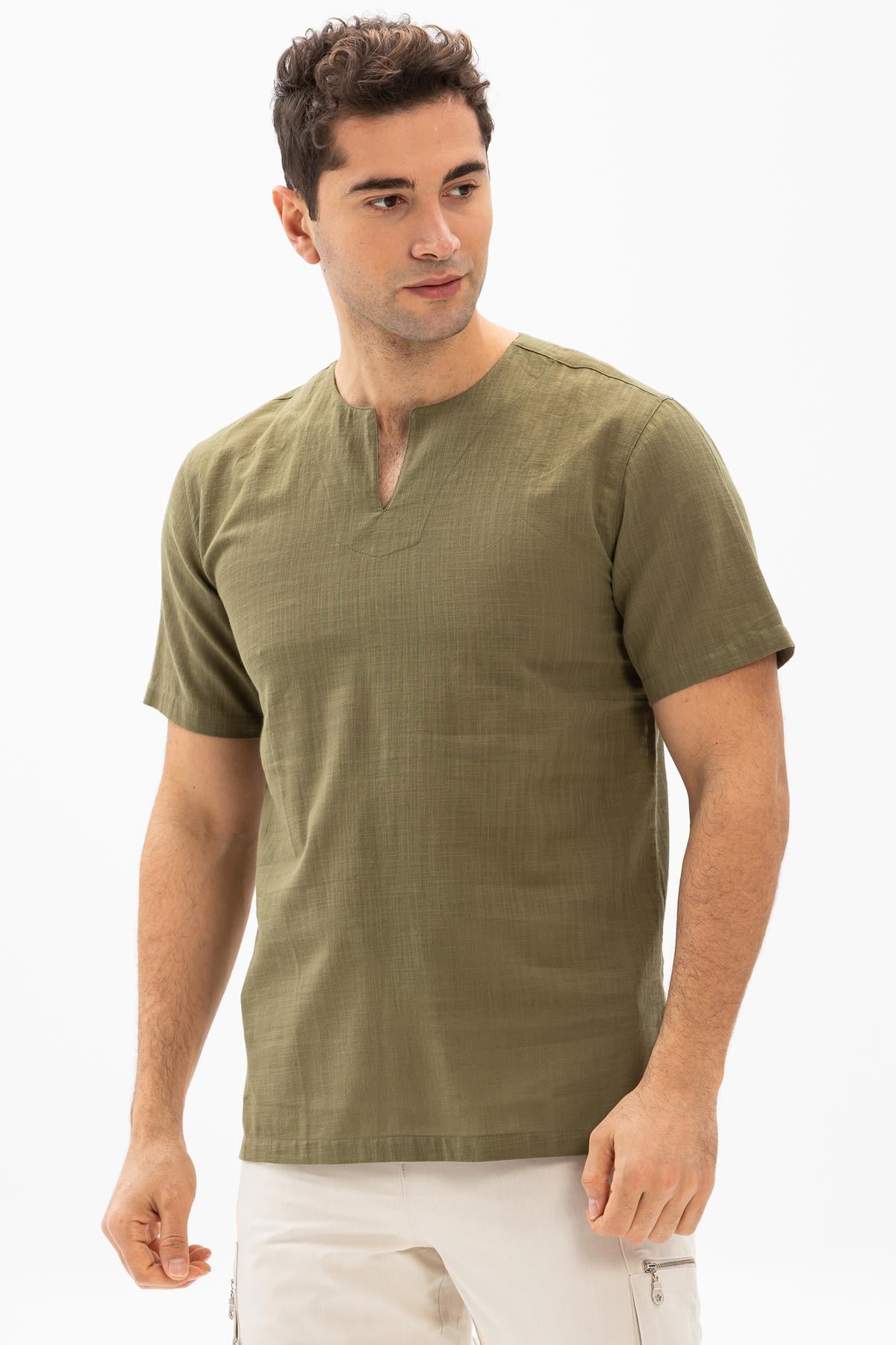 Toptan Kısa Kol Şile Bezi Bisiklet Yaka Erkek T-Shirt Haki