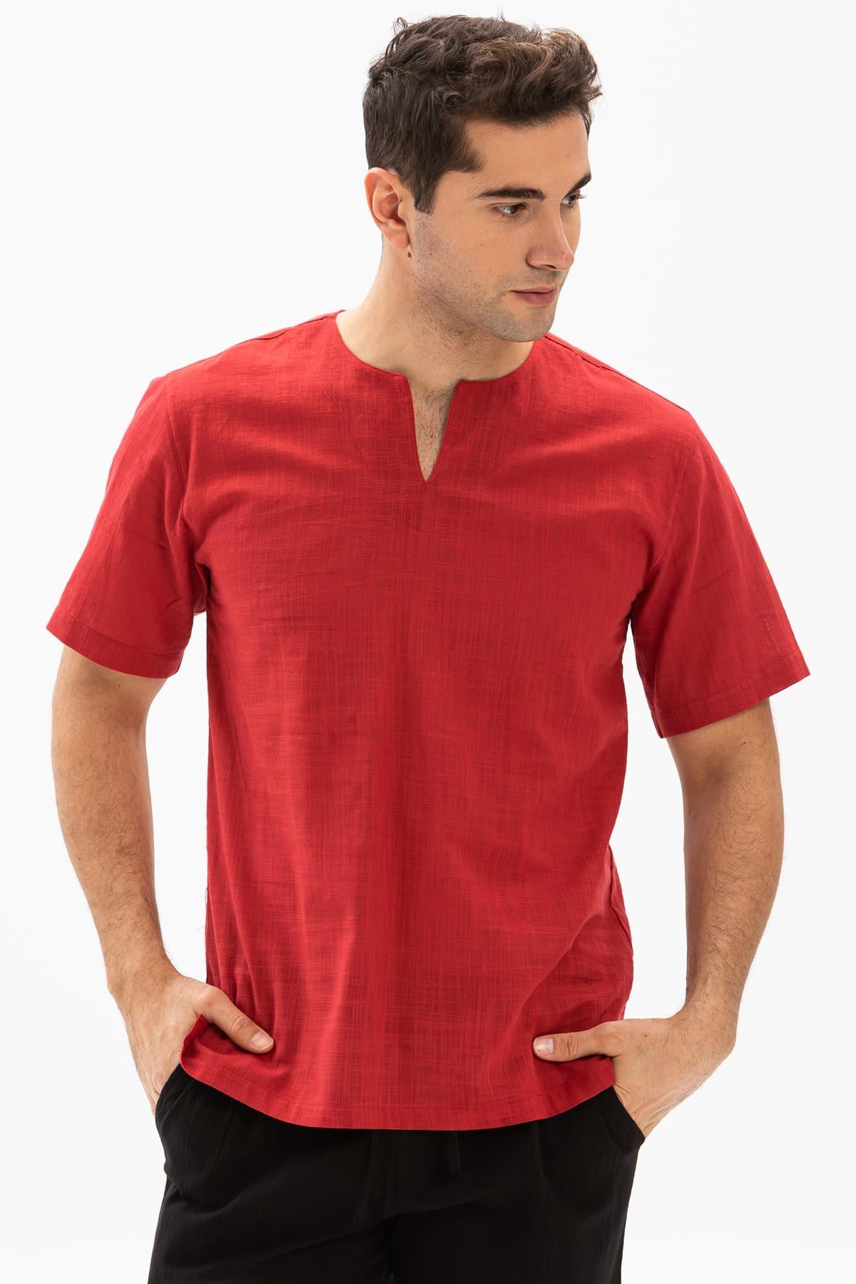 Toptan Kısa Kol Şile Bezi Bisiklet Yaka Erkek T-Shirt Kırmızı