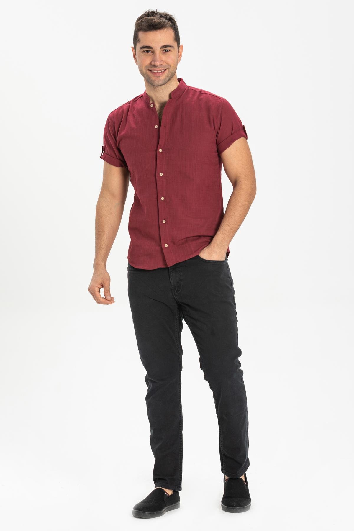 Toptan Kısa Kol Şile Bezi Bodrum Erkek Gömlek Bordo