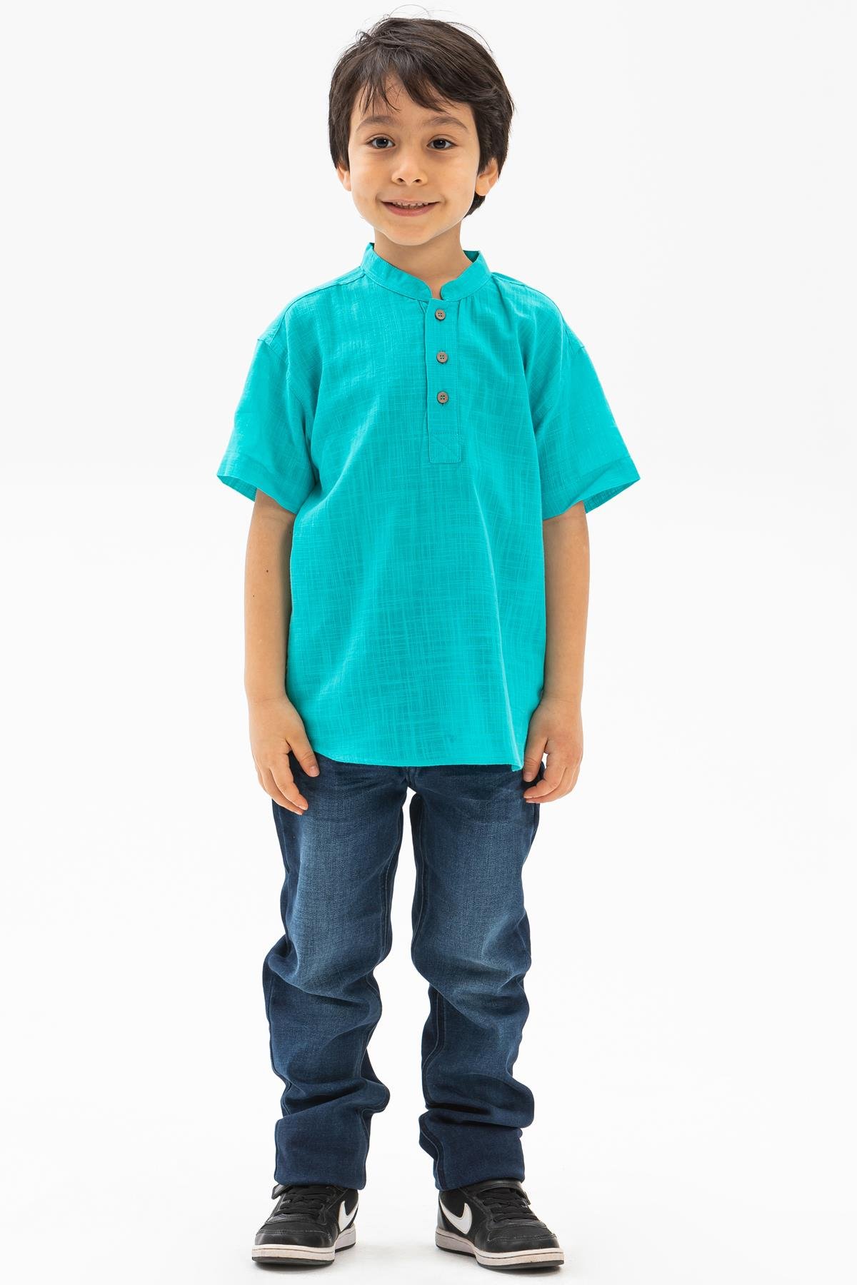 Toptan Kısa Kol Şile Bezi Bodrum Erkek Çocuk Tshirt Turkuaz