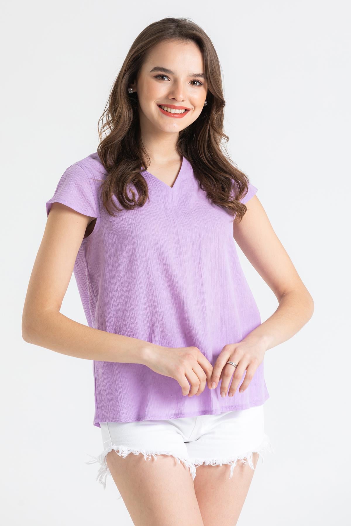 Toptan Kısa Kol Şile Bezi Ecem Bluz Lila 