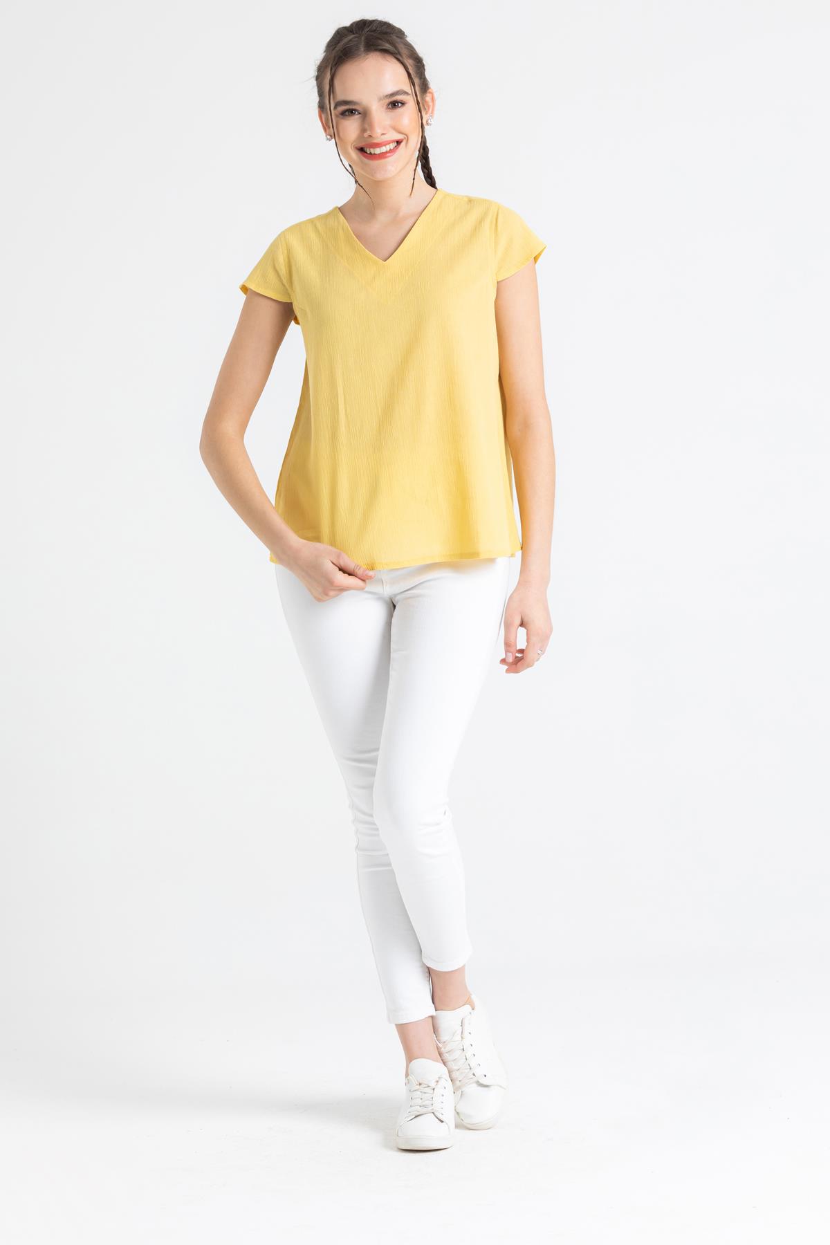 Toptan Kısa Kol Şile Bezi Ecem Bluz Sarı