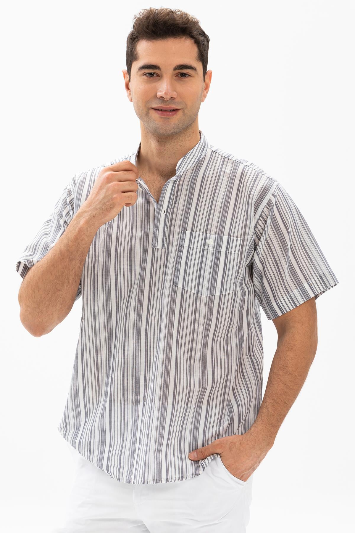 Toptan Kısa Kol Şile Bezi Hakim Yaka Erkek Tshirt Füme Beyaz Çizgili