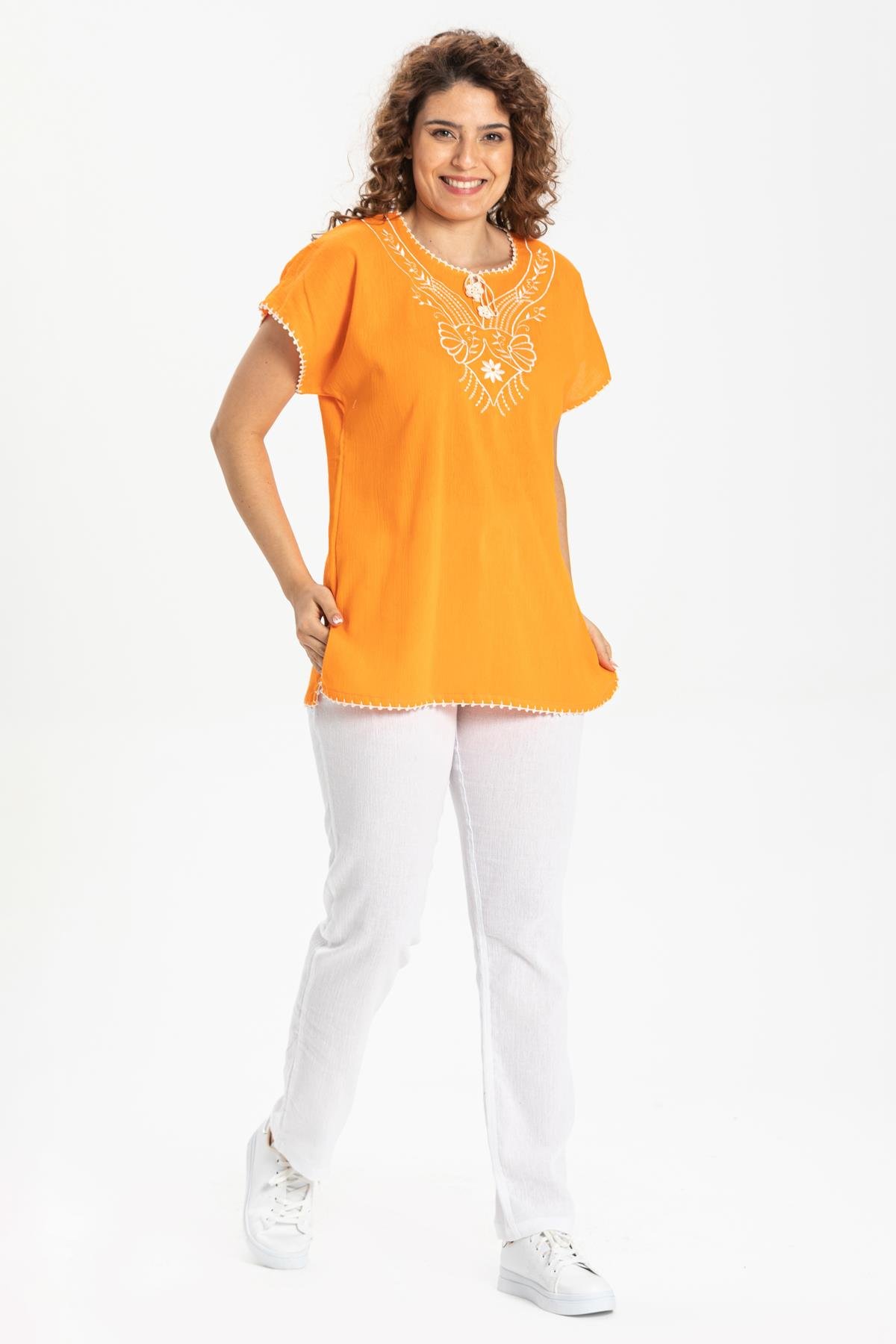 Toptan Kısa Kol Şile Bezi Naz Bluz Turuncu Trnc
