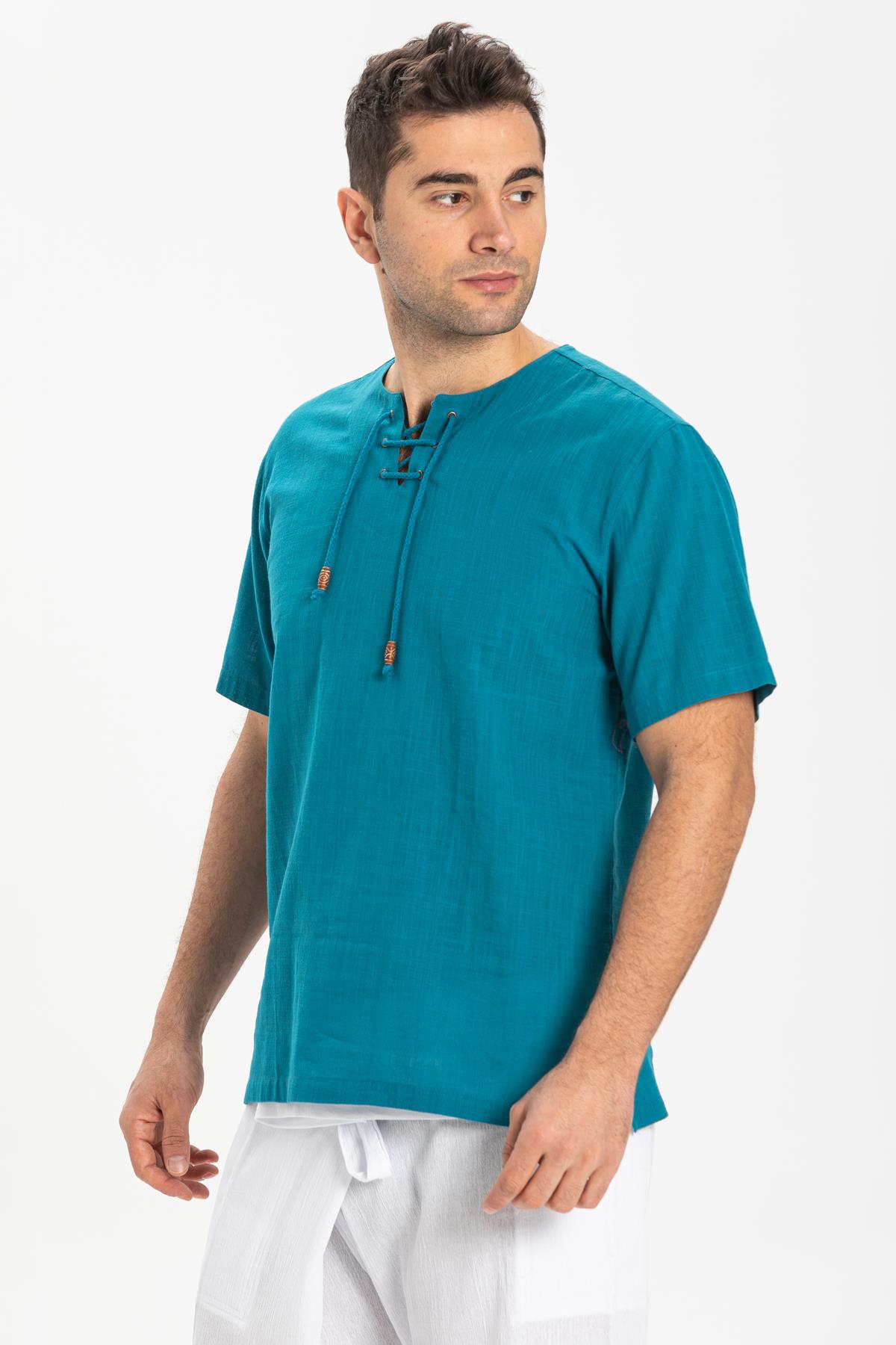 Toptan Kısa Kol Şile Bezi Zımbalı Erkek Tshirt Petrol