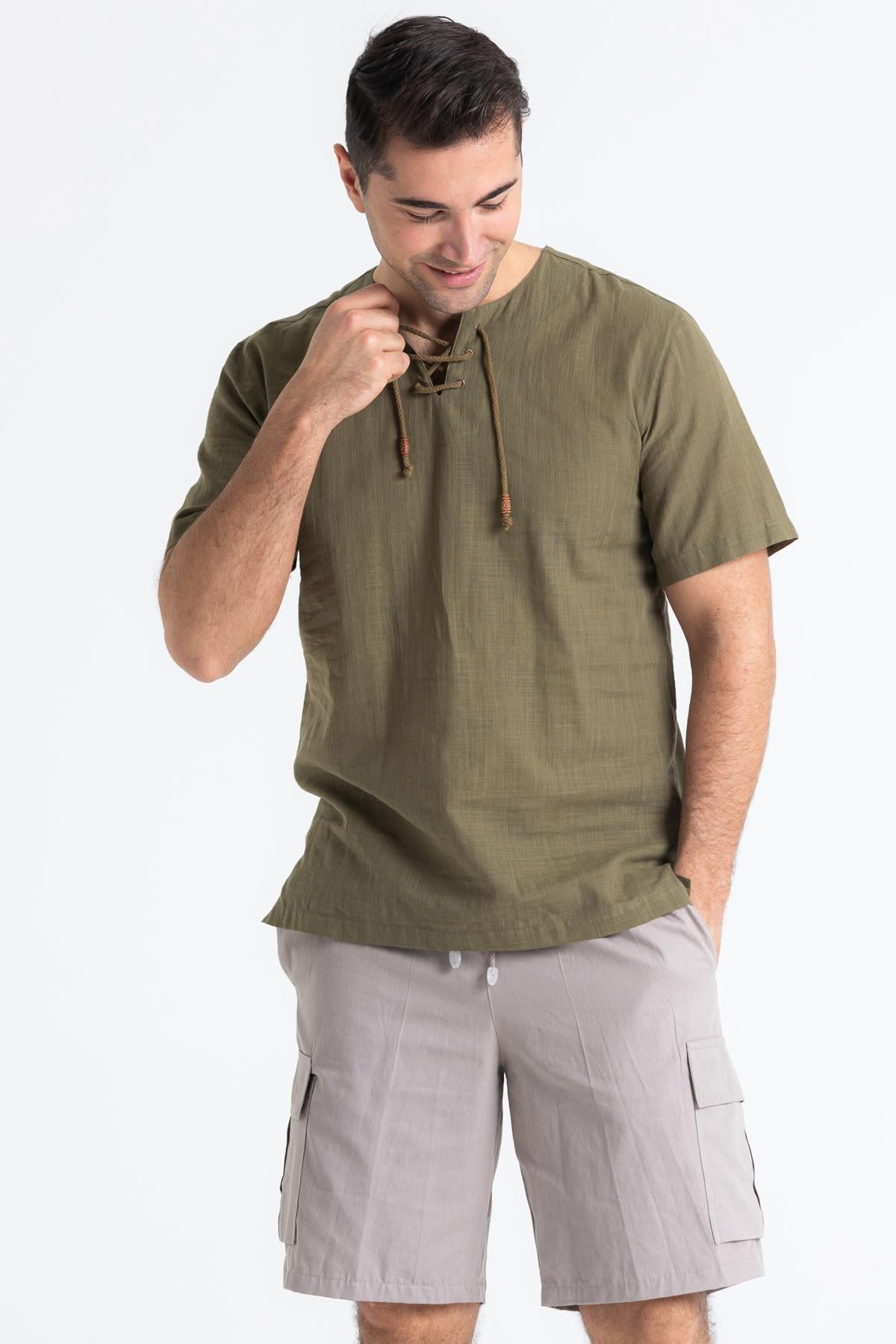 Toptan Kısa Kol Şile Bezi Zımbalı Erkek Tshirt Haki