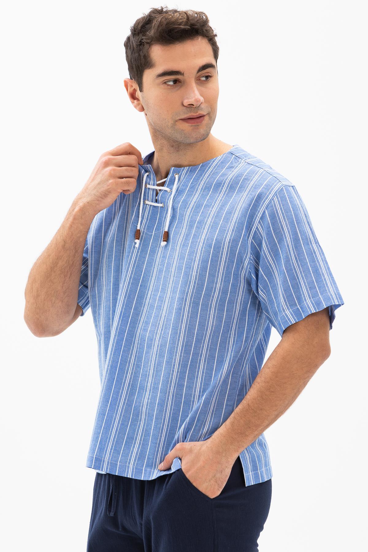 Toptan Kısa Kol Şile Bezi Zımbalı Erkek Tshirt Mavi Beyaz Çizgili