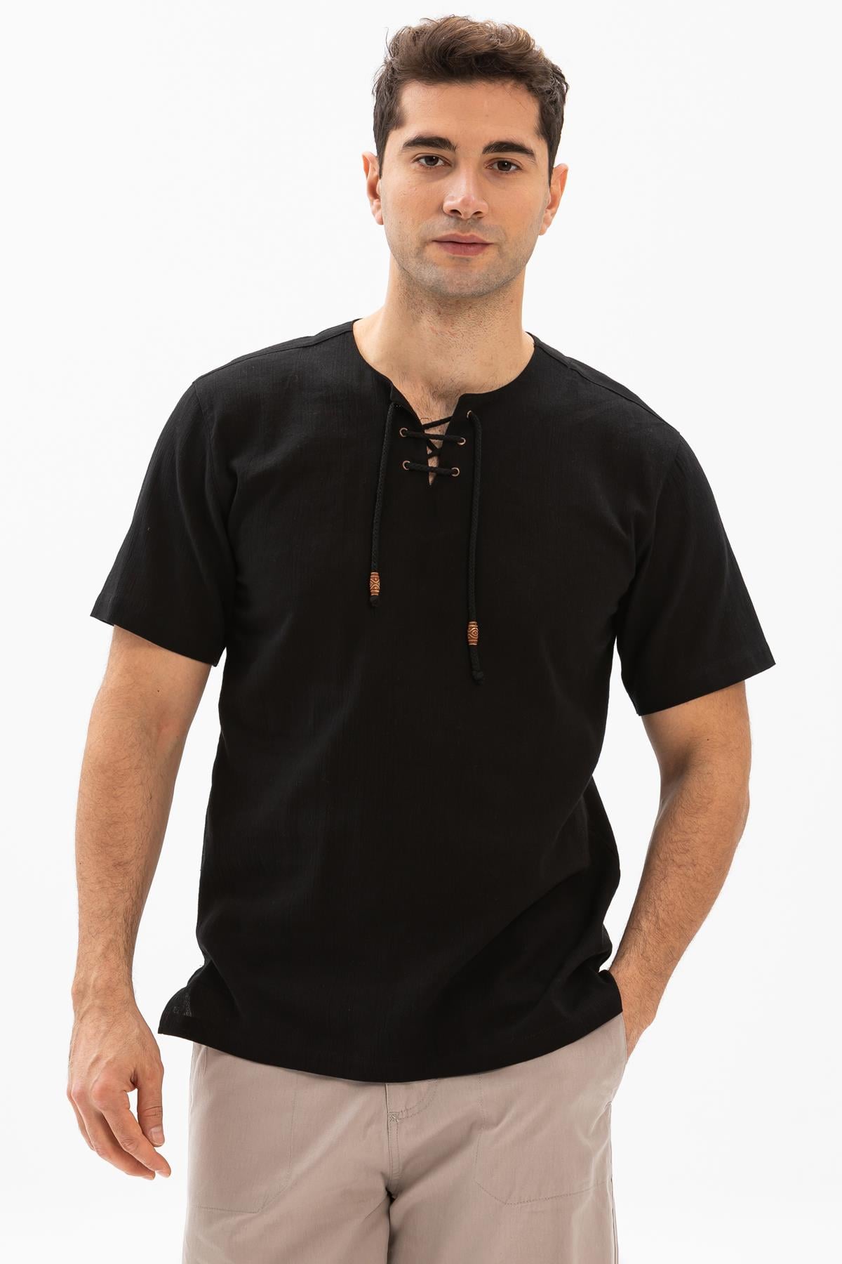 Toptan Kısa Kol Şile Bezi Zımbalı Erkek Tshirt Siyah