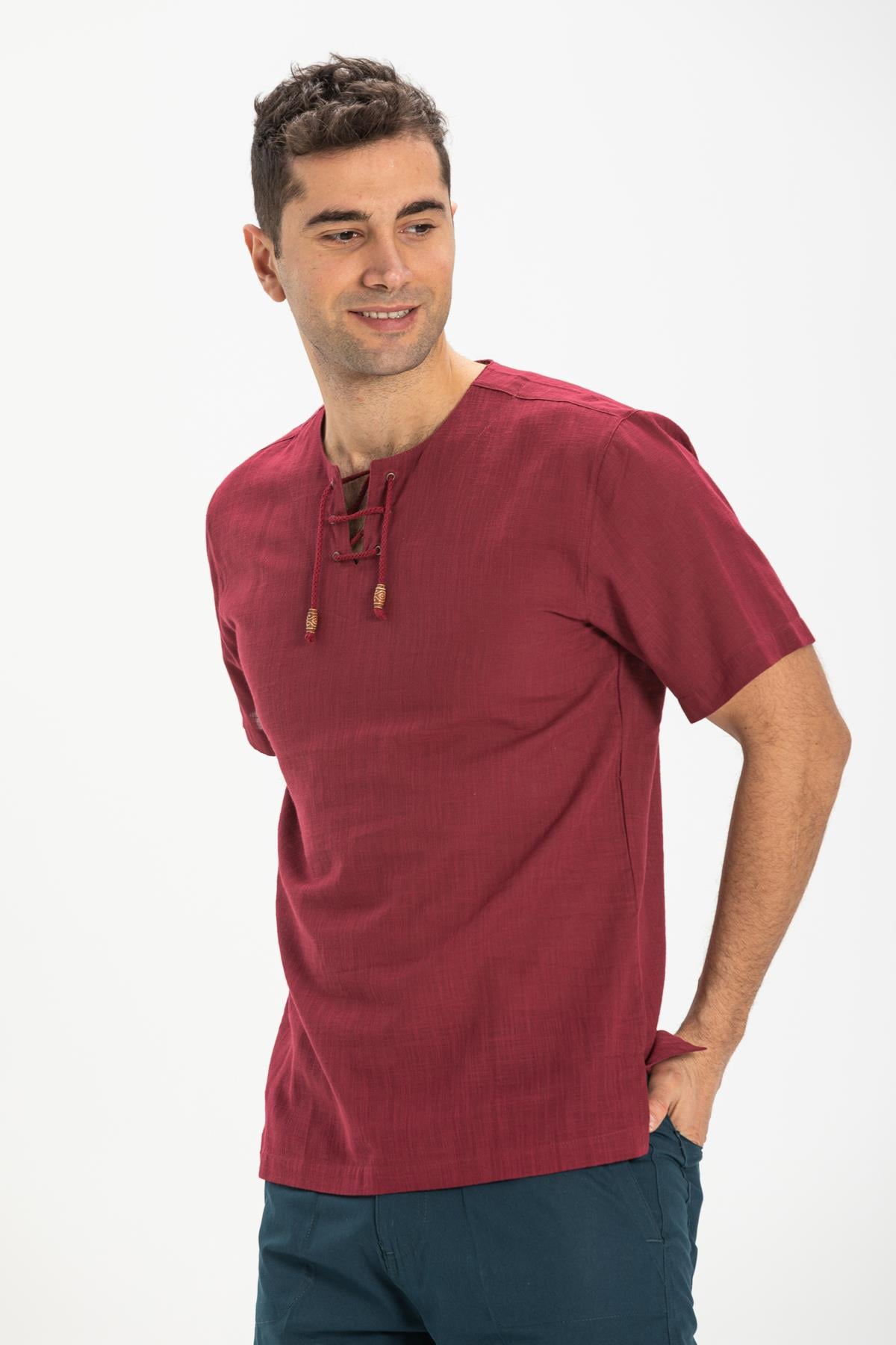 Toptan Kısa Kol Şile Bezi Zımbalı Erkek Tshirt Koyu Bordo