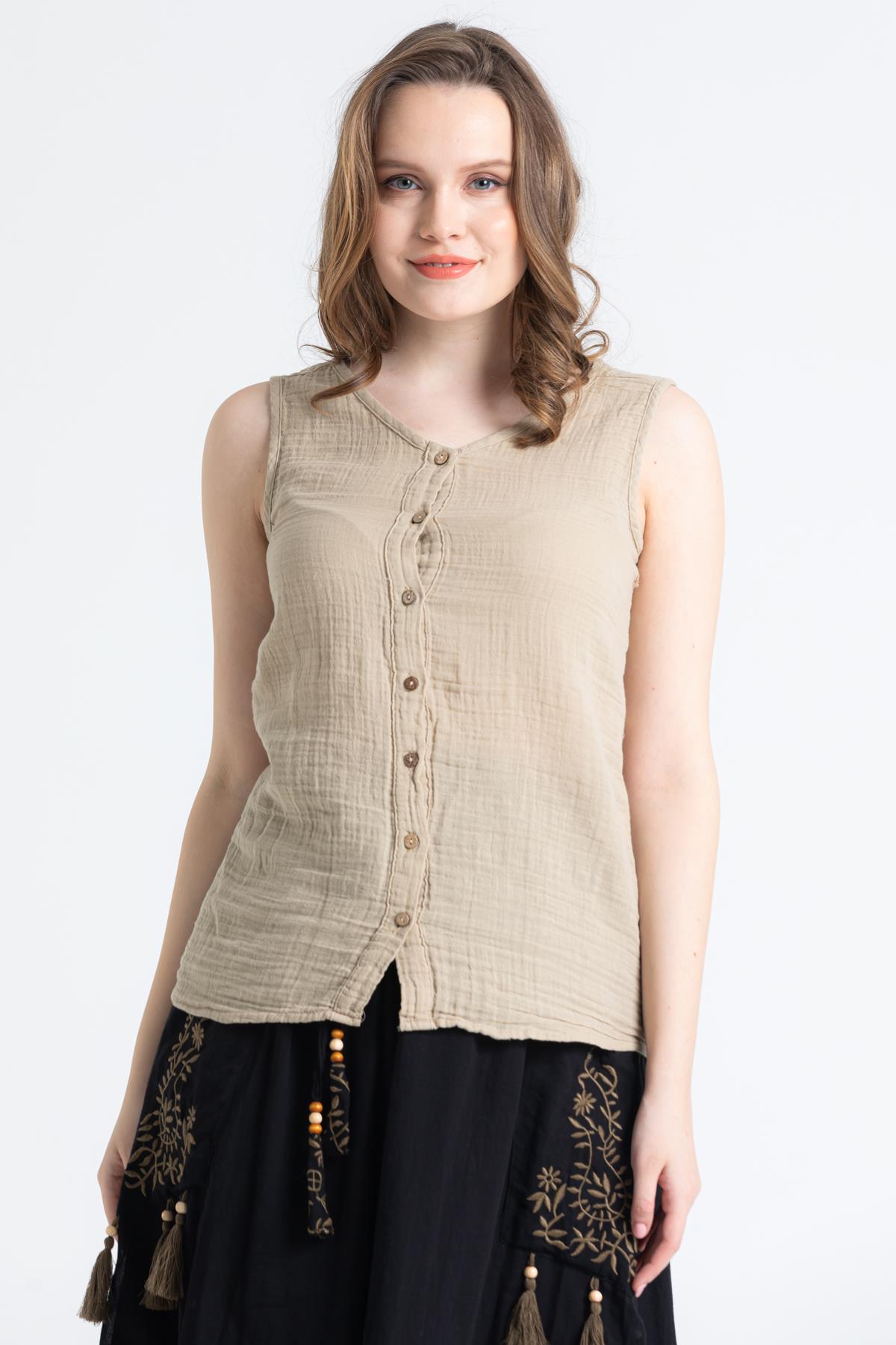 Toptan Kolsuz Müslin Melis Bluz Vizon