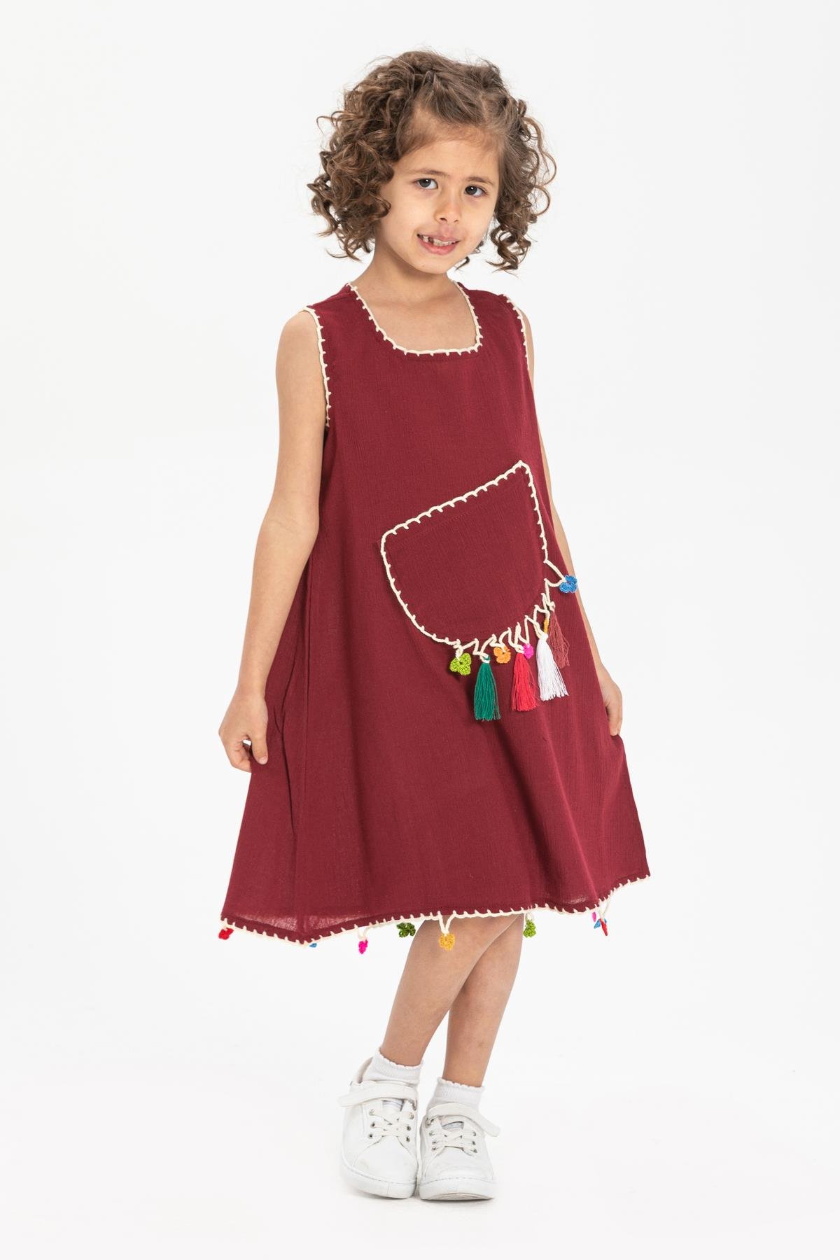 Toptan Mine Şile Bezi Çocuk Elbise Bordo