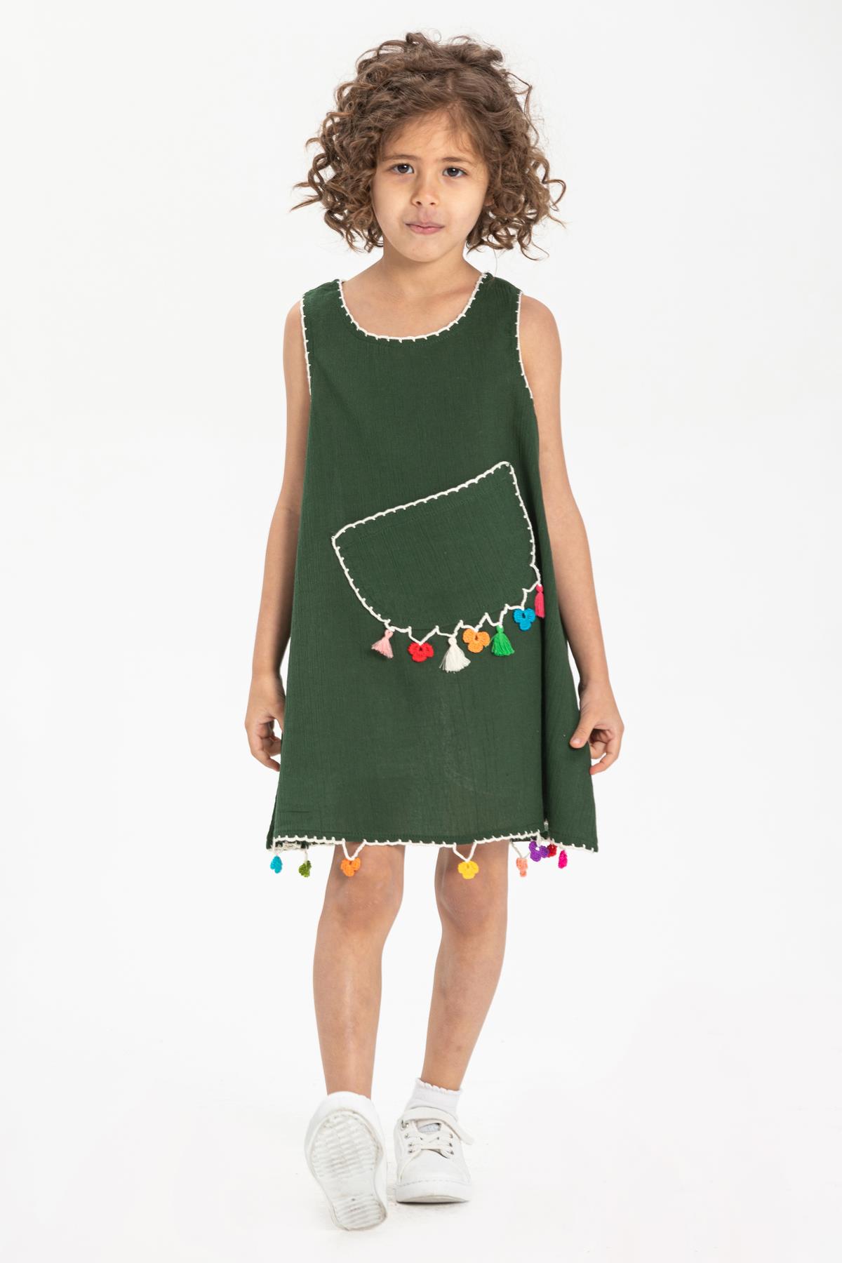 Toptan Mine Şile Bezi Çocuk Elbise Yeşil