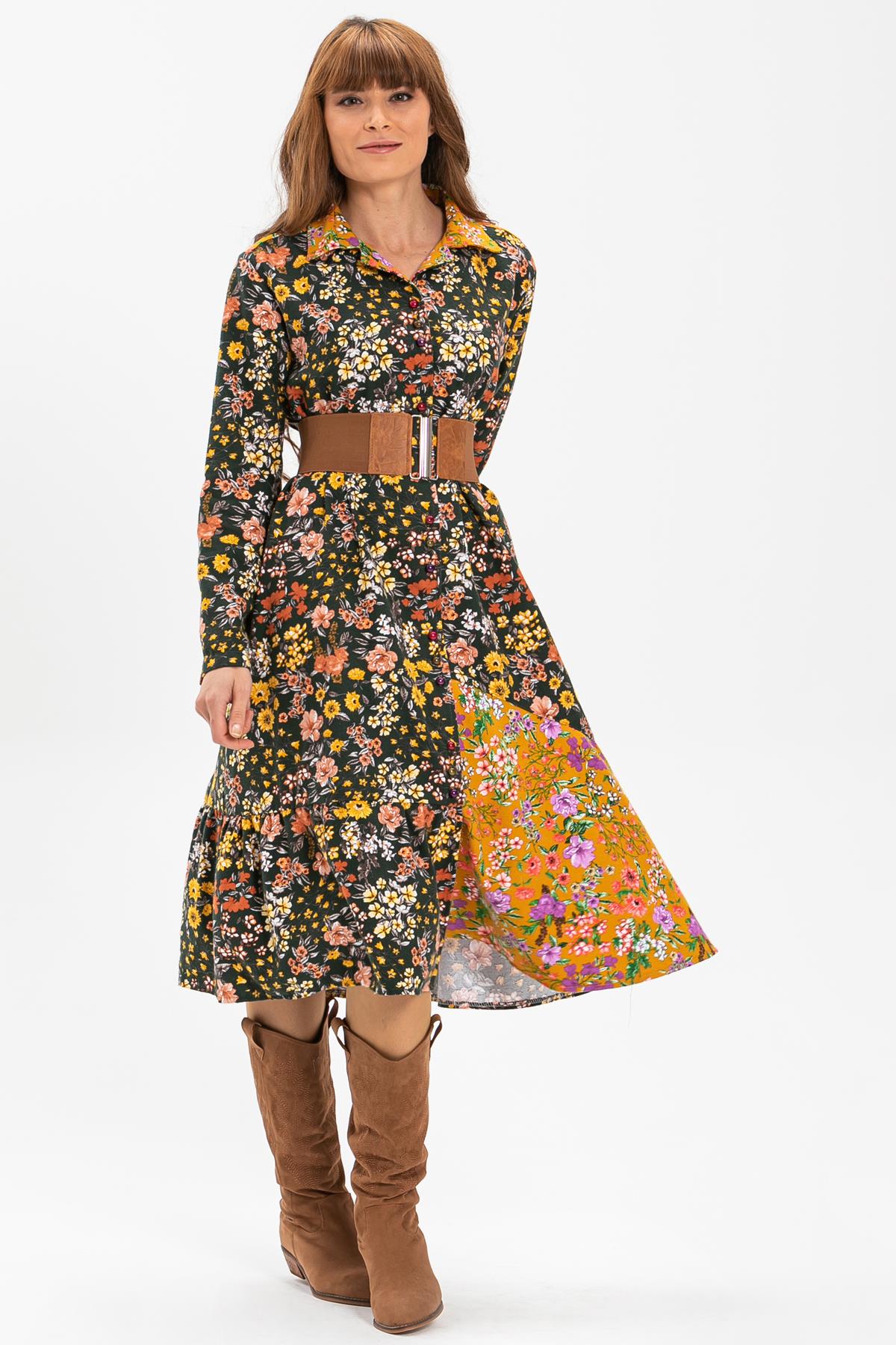 Toptan Nihal Pazen Elbise Bahar Desen Haki