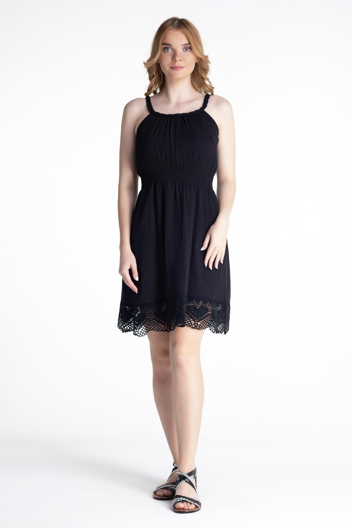 Toptan Örgülü Şile Bezi Elbise Siyah