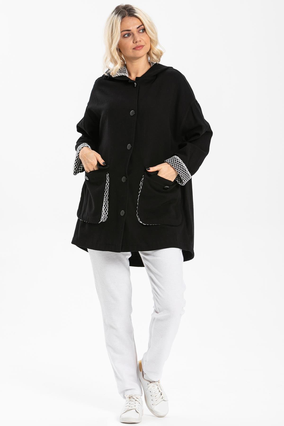 Toptan Safari Baskılı Pazen Ceket Siyah