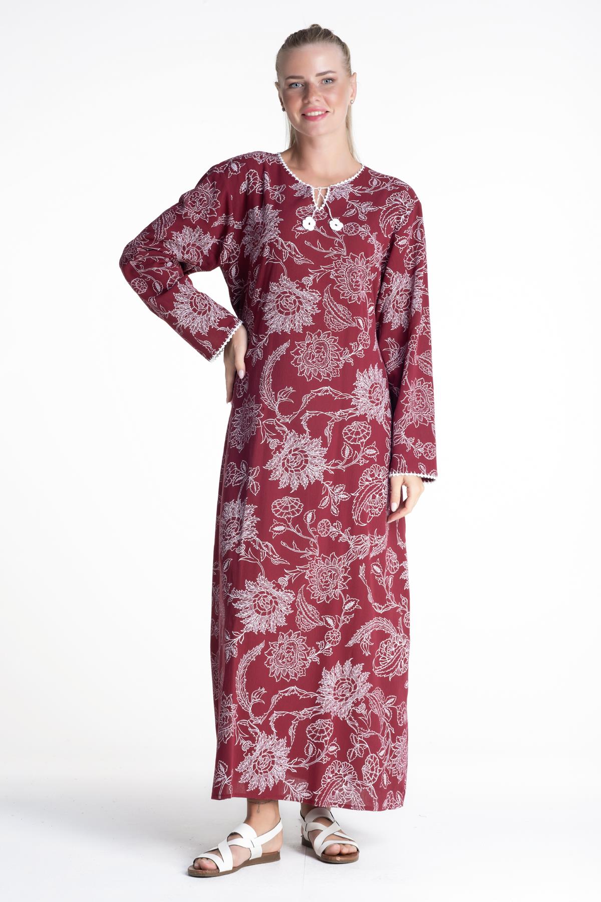 Toptan Uzun Kol Baskılı Şile Bezi Elbise Çınar Desen Bordo