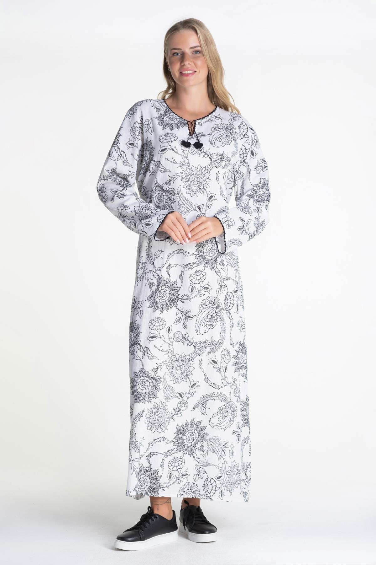 Toptan Uzun Kol Baskılı Şile Bezi Elbise Çınar Desen Beyaz