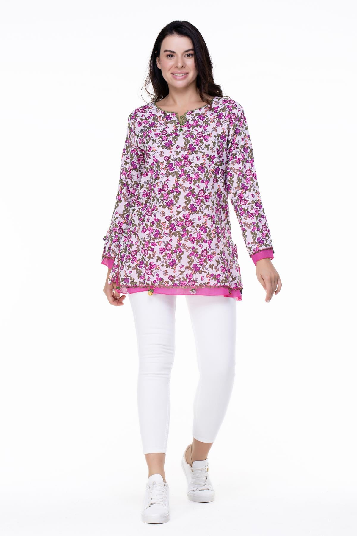 Toptan Uzun Kol Ceyda Vual Bluz Tomurcuk Desen Pembe