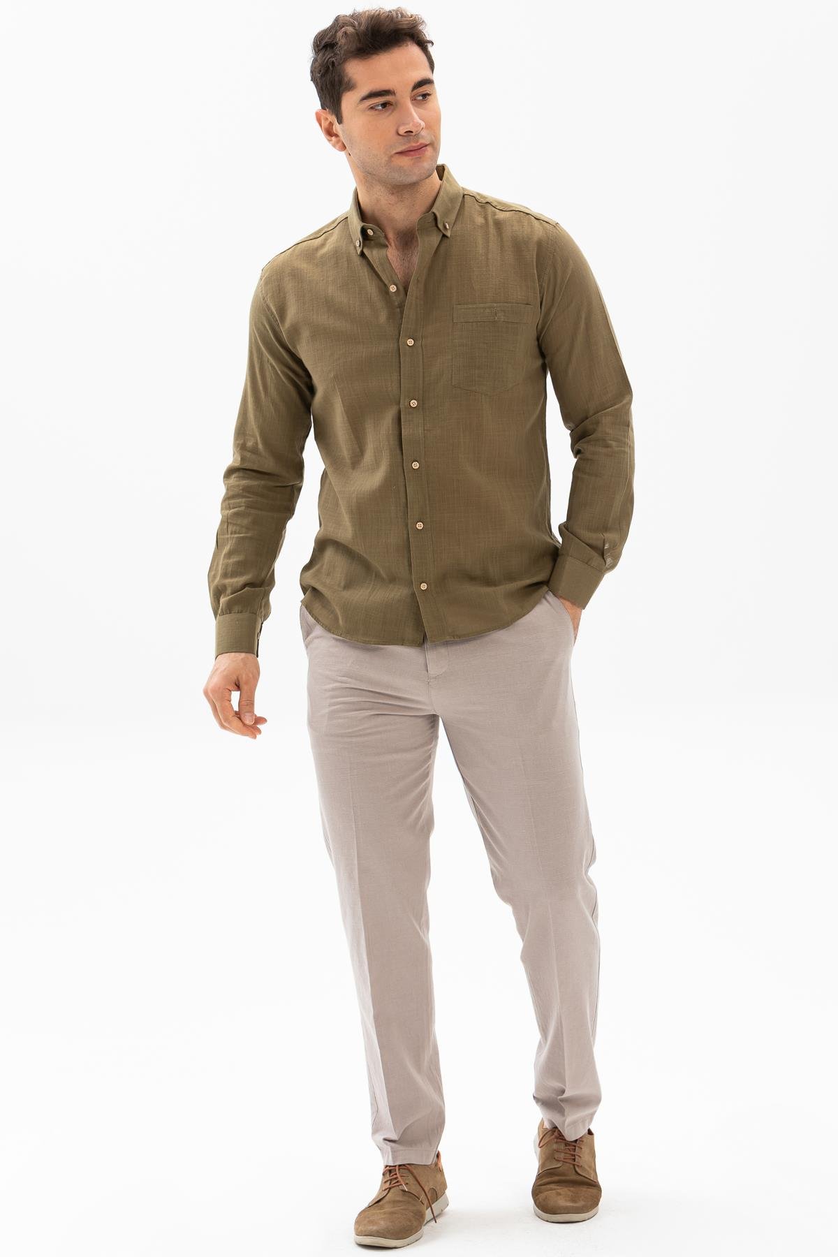 Toptan Uzun Kol Dar Kalıp Şile Bezi Erkek Gömlek Haki