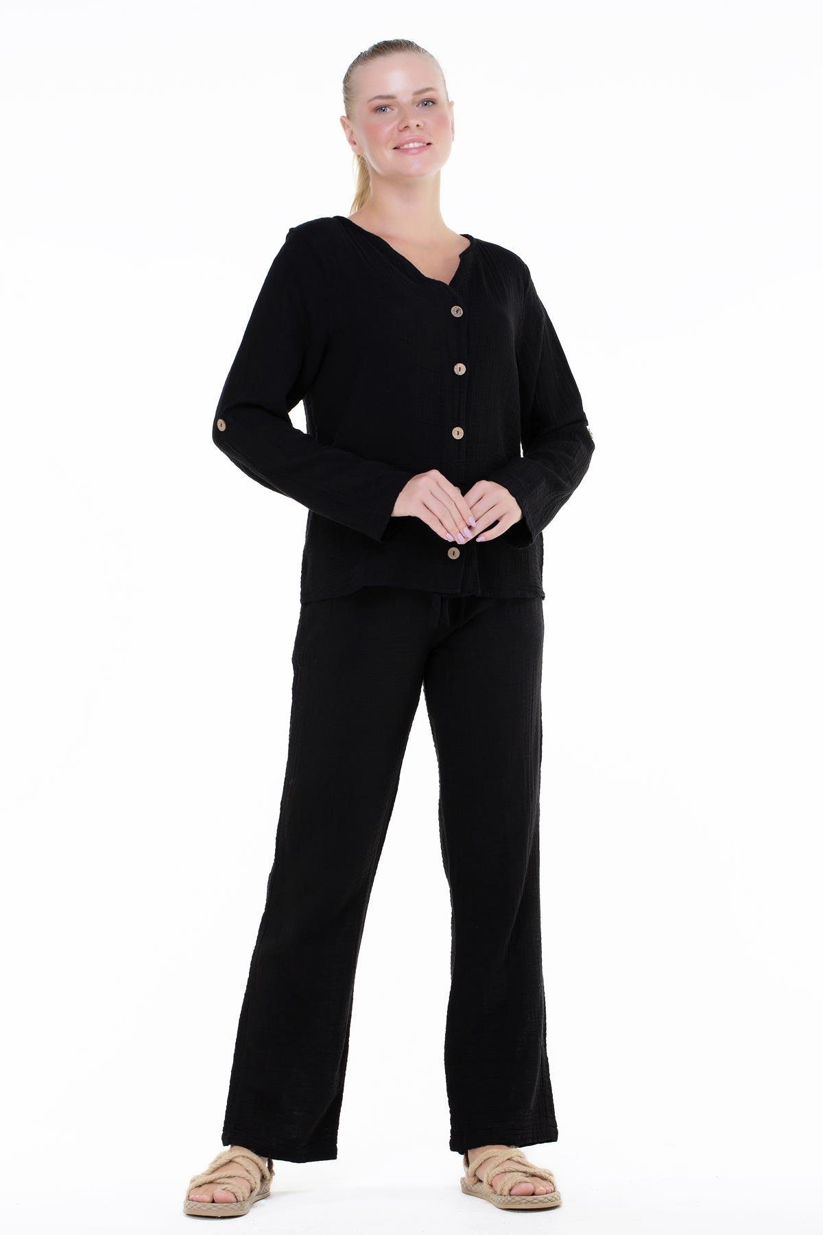 Toptan Uzun Kol Müslin Sedef Gömlek Siyah