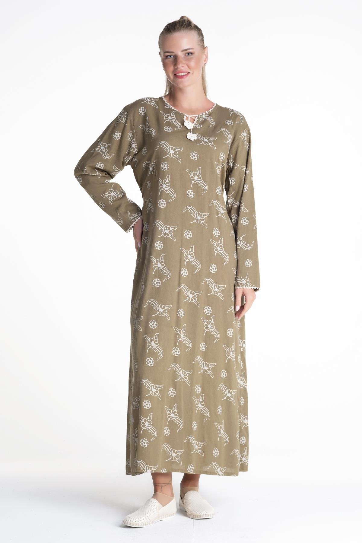 Toptan Uzun Kol Şile Bezi Baskılı Elbise Serpme Desen Yeşil