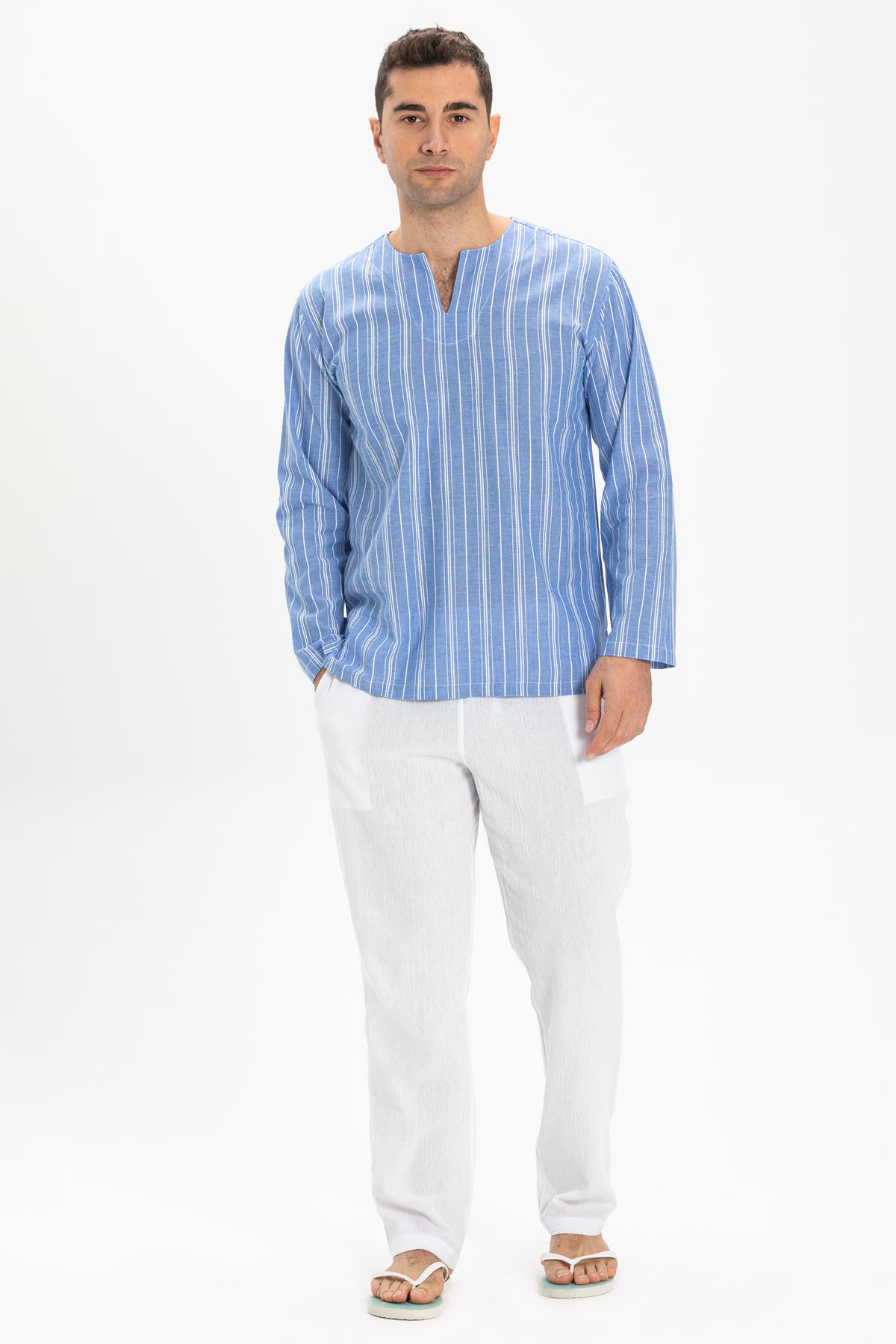 Toptan Uzun Kol Şile Bezi Bisiklet Yaka Erkek Tshirt Mavi Beyaz Çizgili