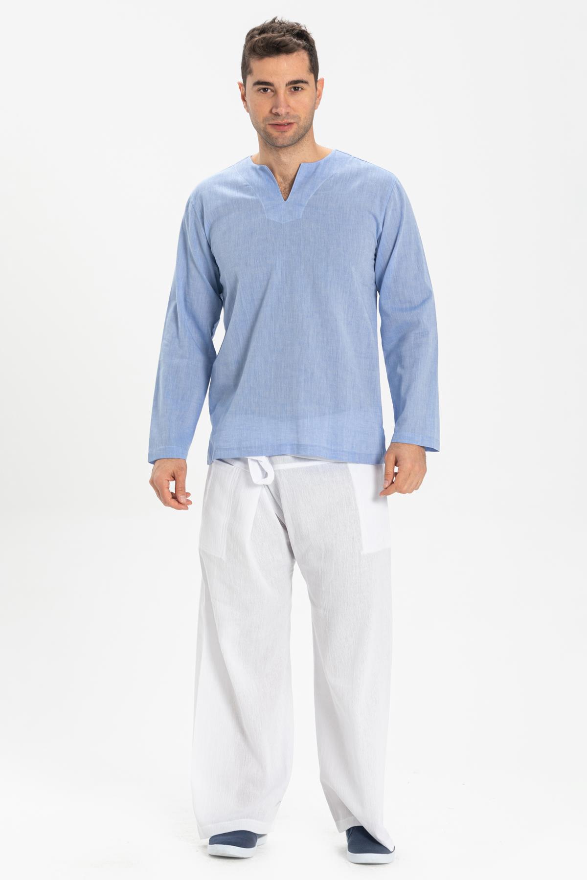 Toptan Uzun Kol Şile Bezi Bisiklet Yaka Erkek Tshirt Mavi