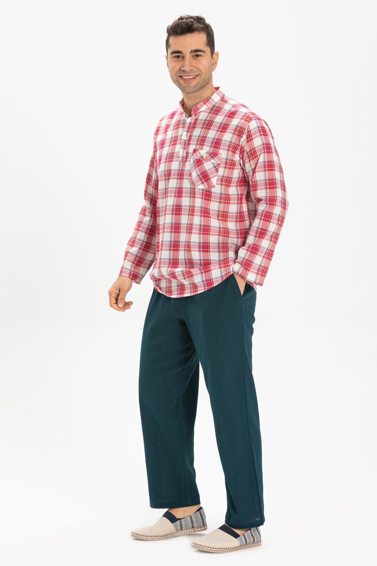 Toptan Uzun Kol Şile Bezi Hakim Yaka Erkek Tshirt Kırmızı Krem Ekose