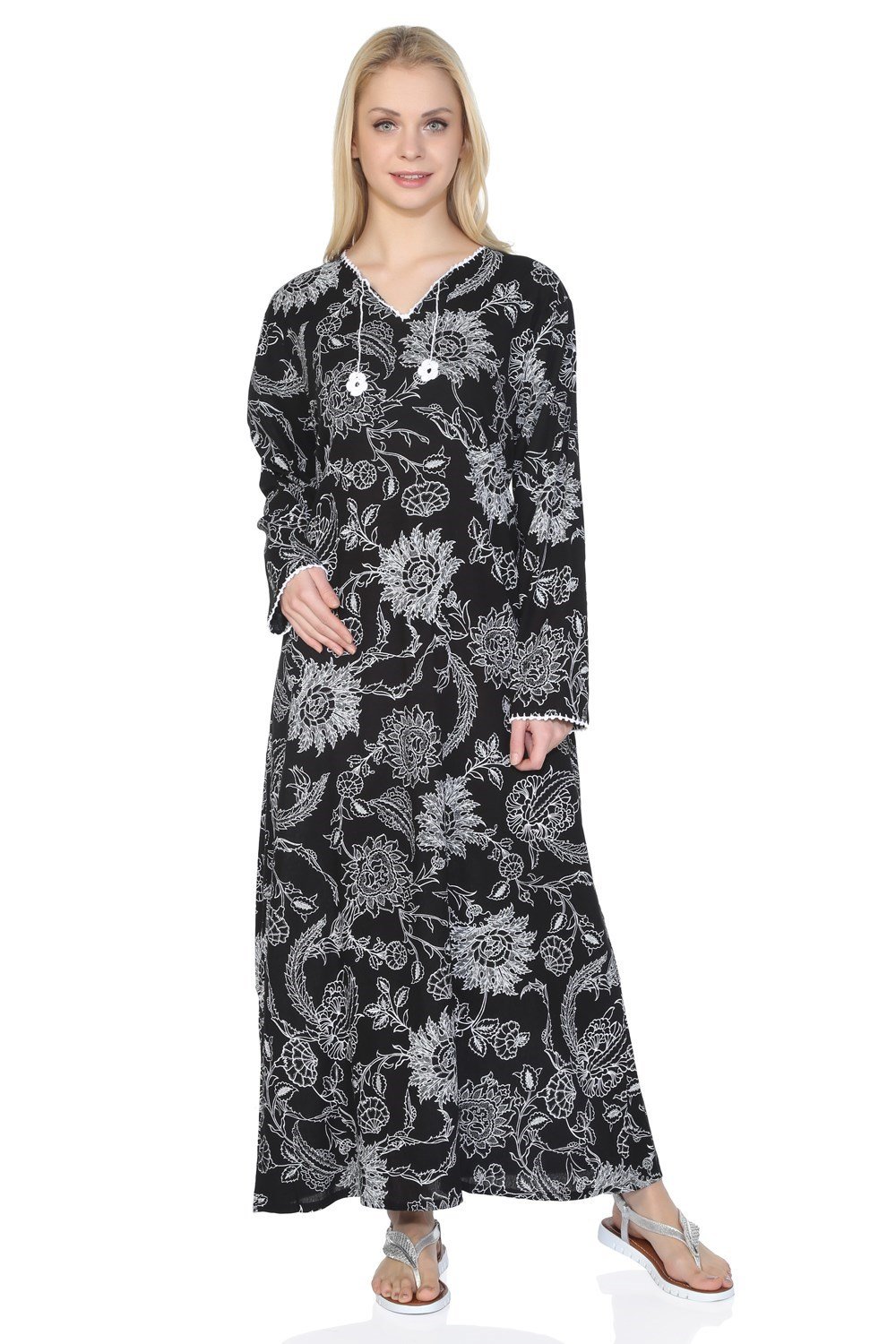 Toptan Uzun Kol Baskılı Şile Bezi Tesettür Yazlık Elbise Çınar Desen Siyah