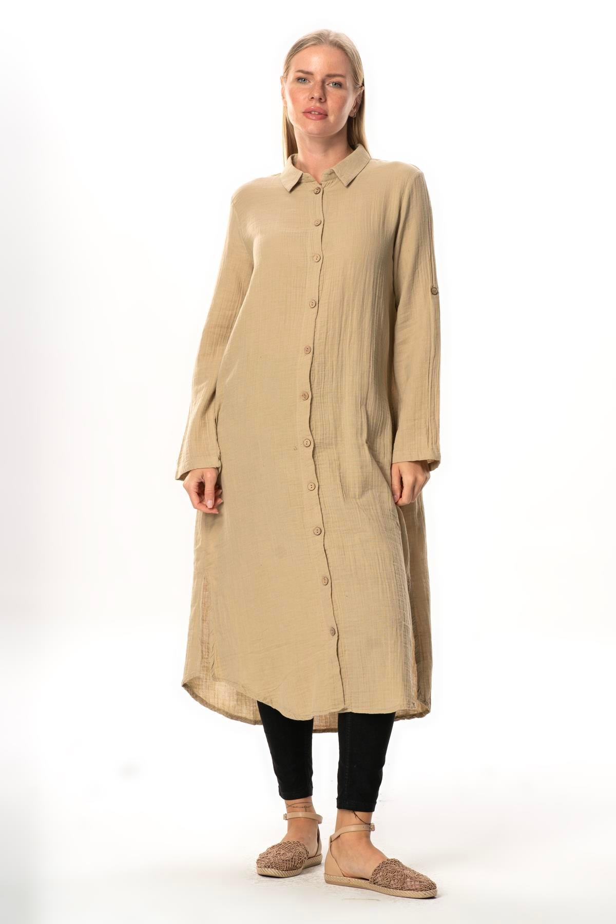 Uzun Kol Gömlek Yaka Hafsa Müslin Yazlık Tunik Vizon Vzn