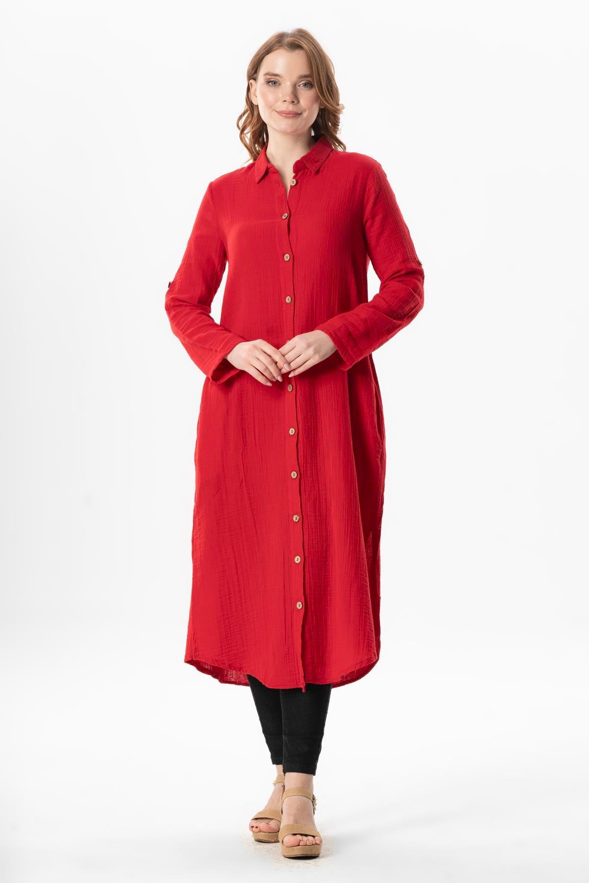 Uzun Kol Gömlek Yaka Hafsa Müslin Yazlık Tunik Kırmızı Krmz