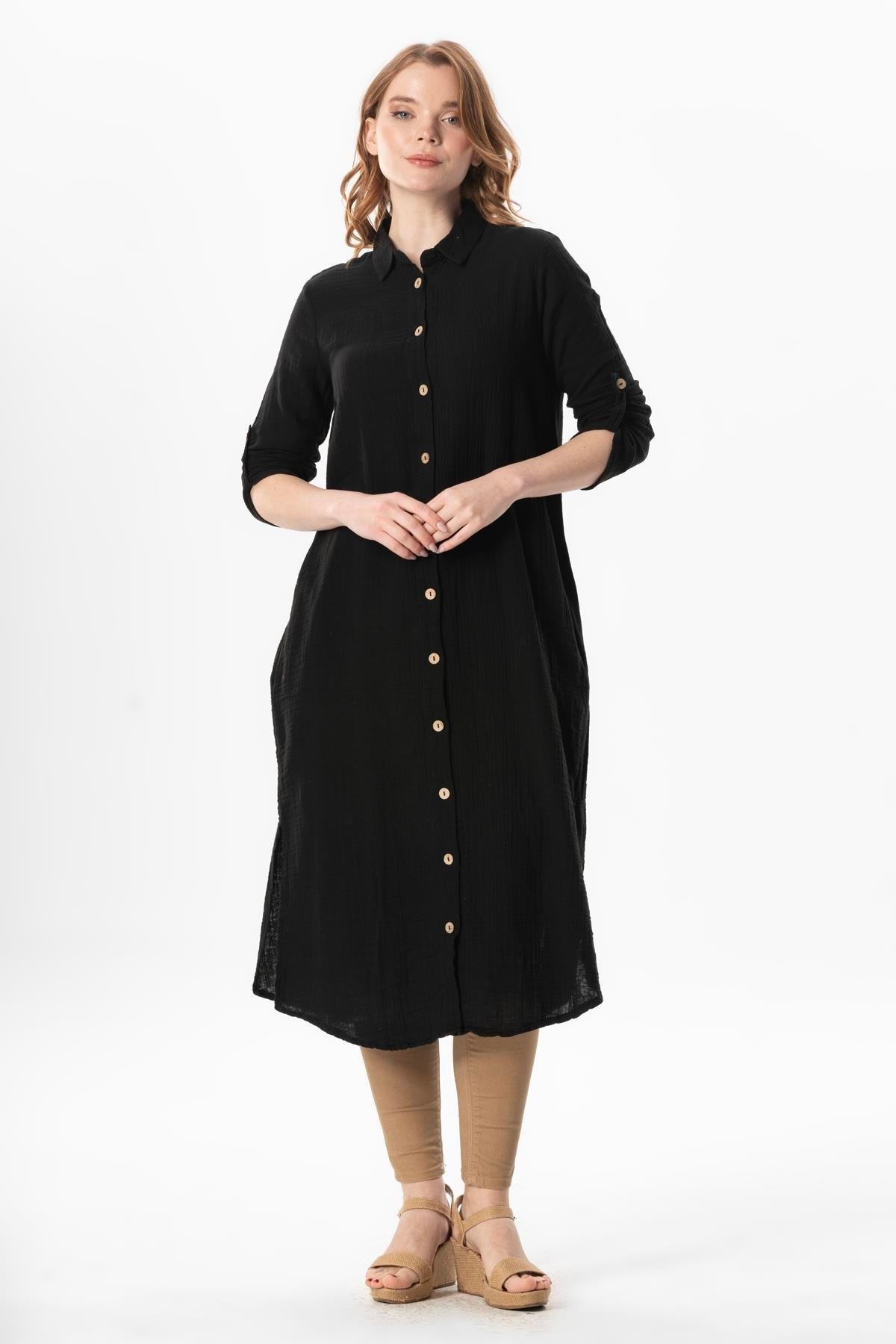 Uzun Kol Gömlek Yaka Hafsa Müslin Yazlık Tunik Siyah Syh