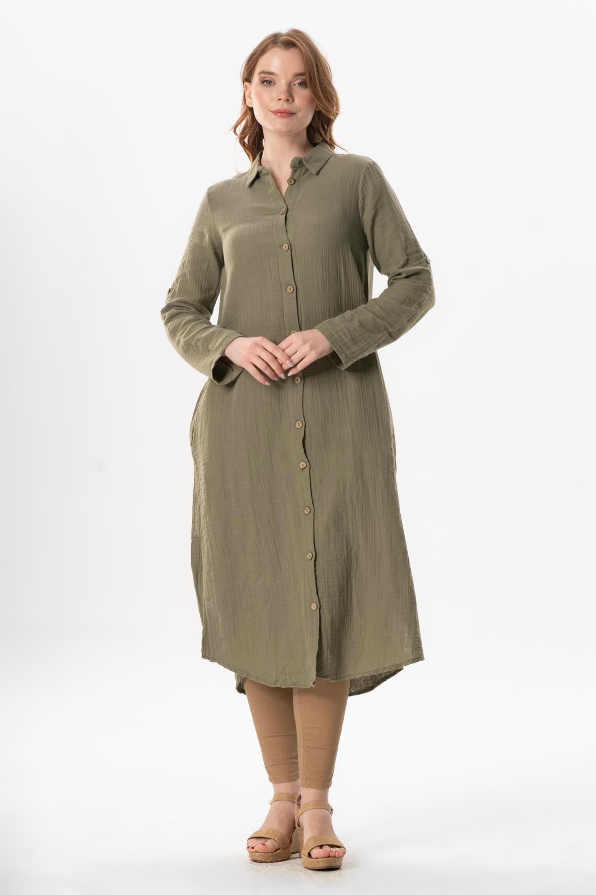 Uzun Kol Gömlek Yaka Hafsa Müslin Yazlık Tunik Haki Hk