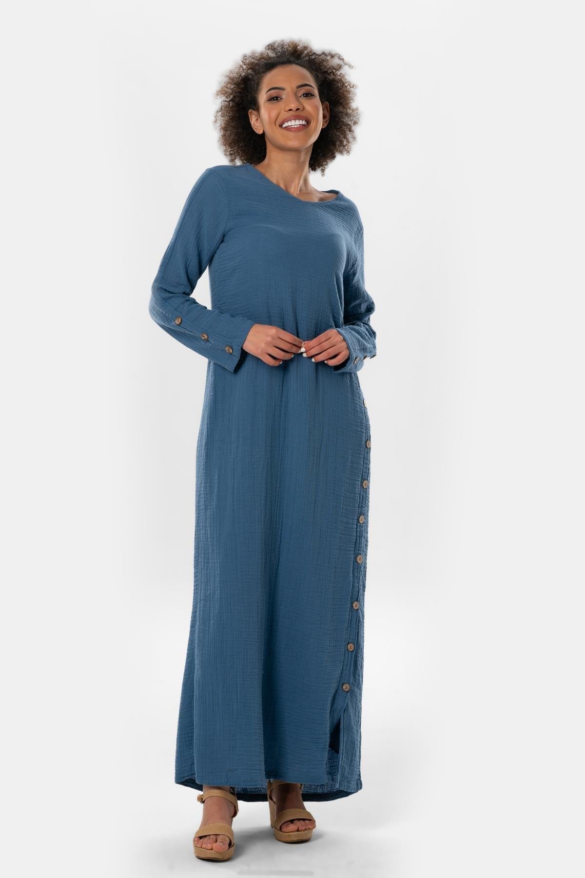 Uzun Kol İzel Uzun Yazlık Müslin Elbise İndigo indg