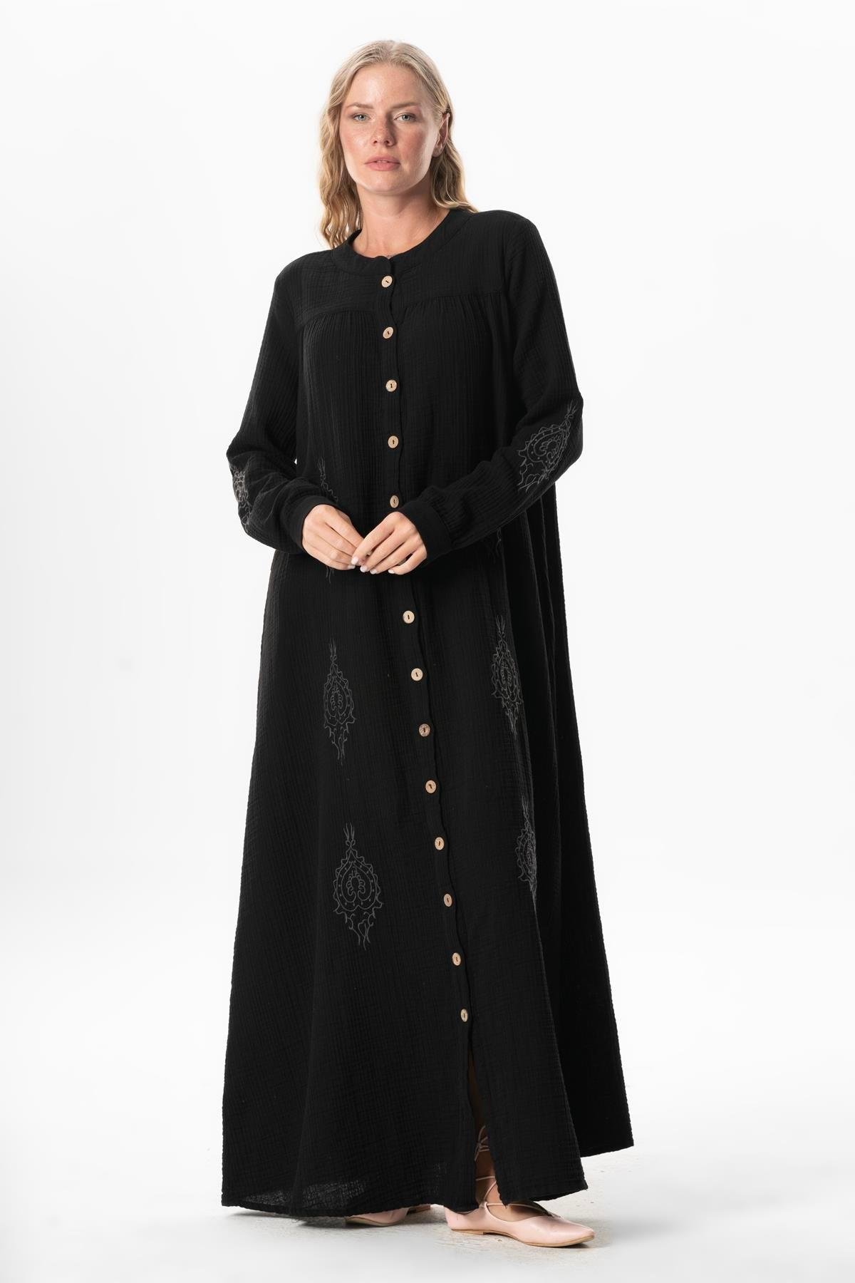 Uzun Kol Laçin Baskılı Müslin Mevsimlik Ferace Siyah Syh